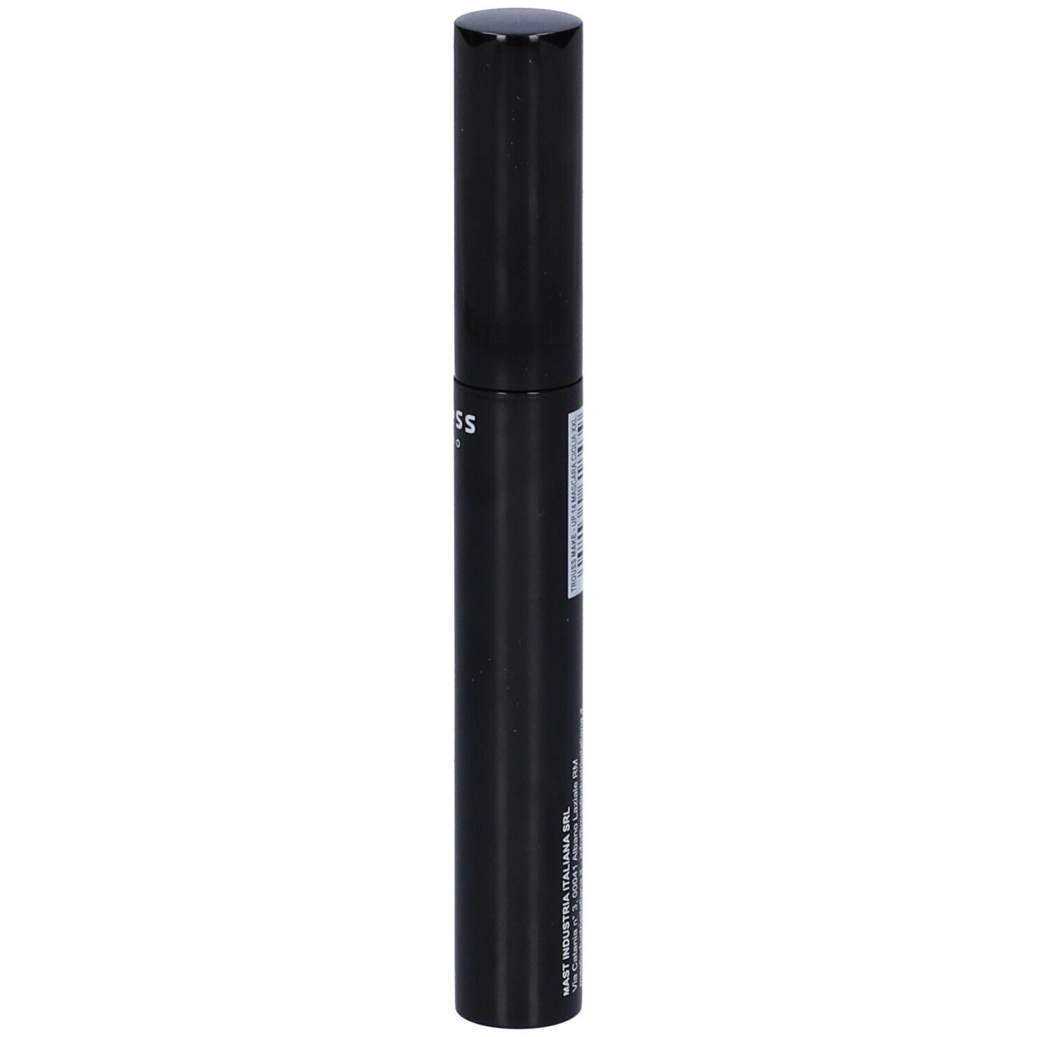 Mascara nero con tappo nero. Sul contenitore sono visibili codici a barre e testo.
