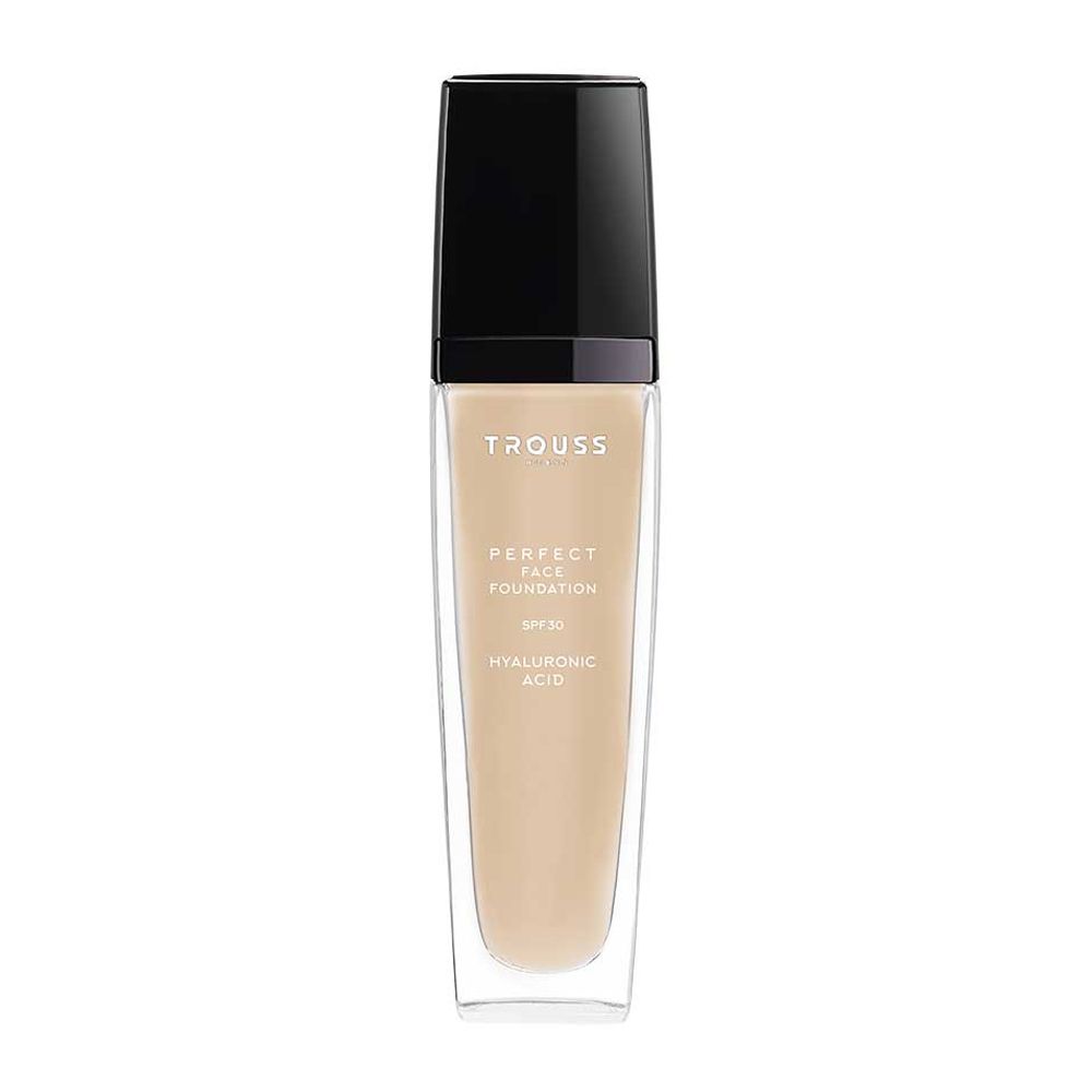 Flacone di fondotinta Trouss. Contenitore trasparente, tappo nero. Scritta: Perfect Face Foundation, SPF 30, Acido Ialuronico.
