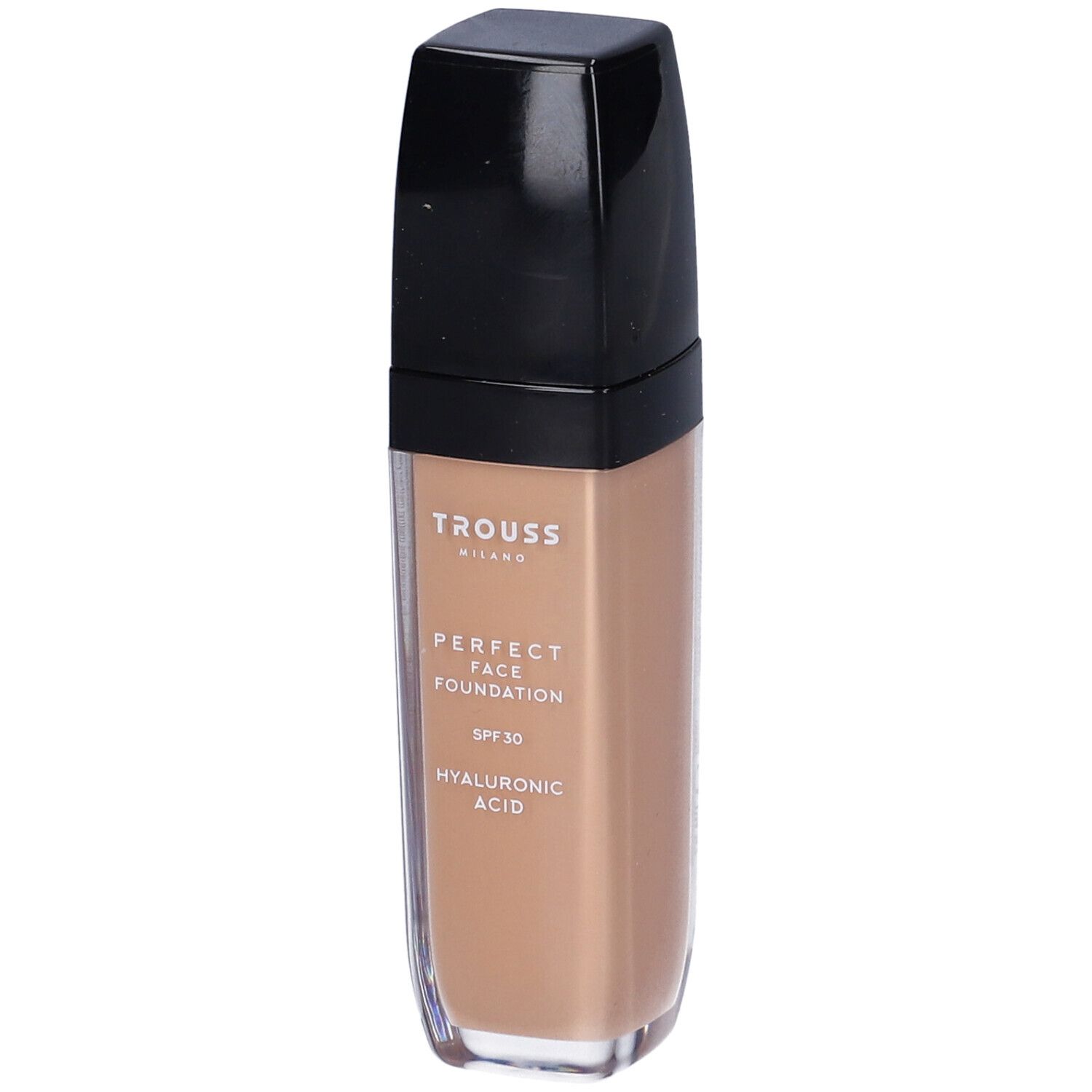 Flacone di fondotinta Trouss. Contenitore con liquido brunastro, tappo nero. Scritta: Perfect Face Foundation, SPF 30, Acido Ialuronico.