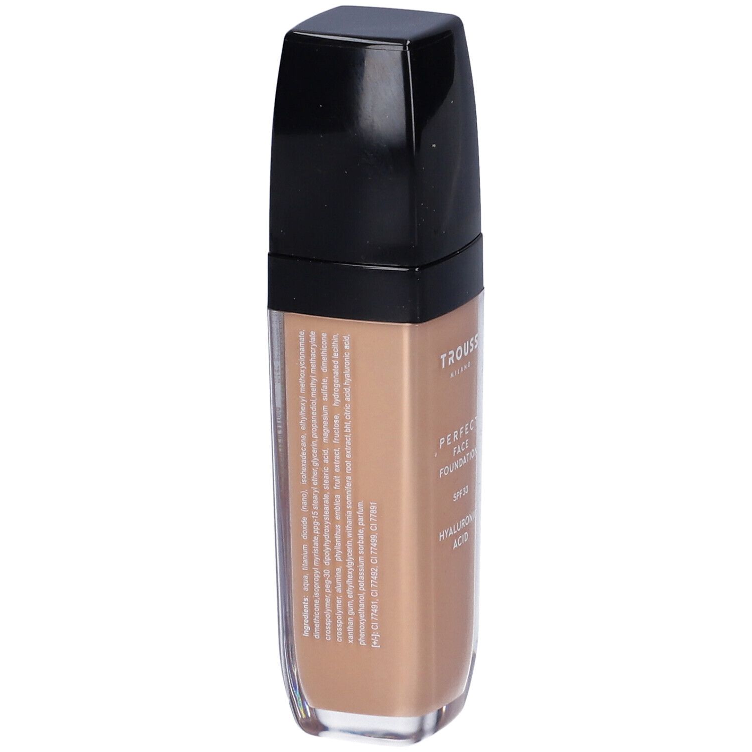 Flacone di fondotinta Trouss. Retro con testo. Contenitore con liquido brunastro, tappo nero. Scritta: Perfect Face Foundation, SPF 30, Acido Ialuronico.
