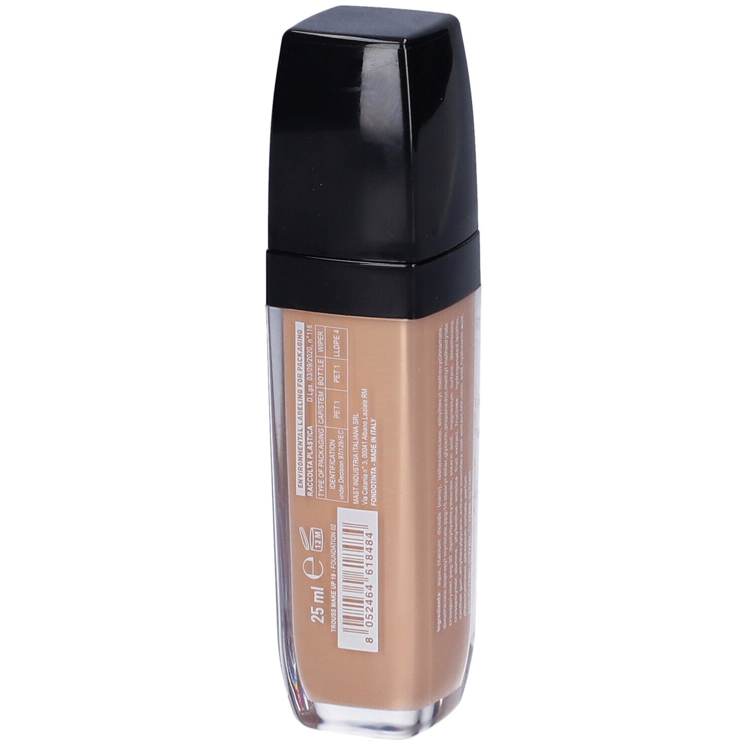 Flacone di fondotinta Trouss. Retro con testo e indicazione 25 ml. Contenitore con liquido brunastro, tappo nero. Scritta: Perfect Face Foundation.
