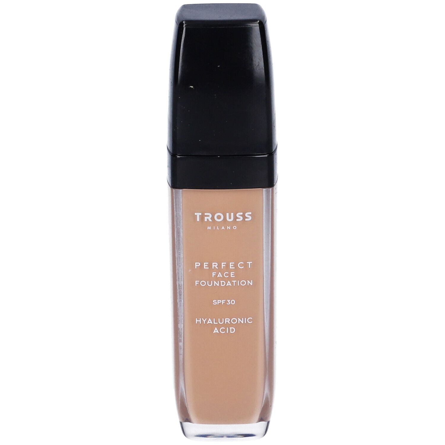 Flacone di fondotinta Trouss. Contenitore trasparente, tappo nero. Scritta: Perfect Face Foundation, SPF 30, Acido Ialuronico.