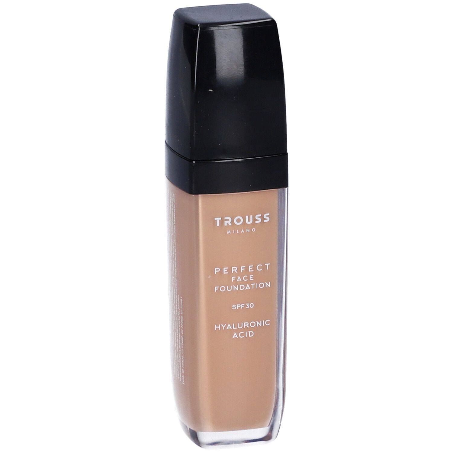 Flacone di fondotinta Trouss. Contenitore con liquido brunastro, tappo nero. Scritta: Perfect Face Foundation, SPF 30, Acido Ialuronico.