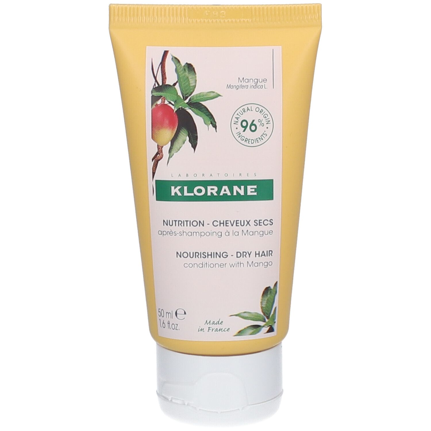 Tubo giallo KLORANE con immagine di mango. Contiene il 96% di ingredienti di origine naturale.