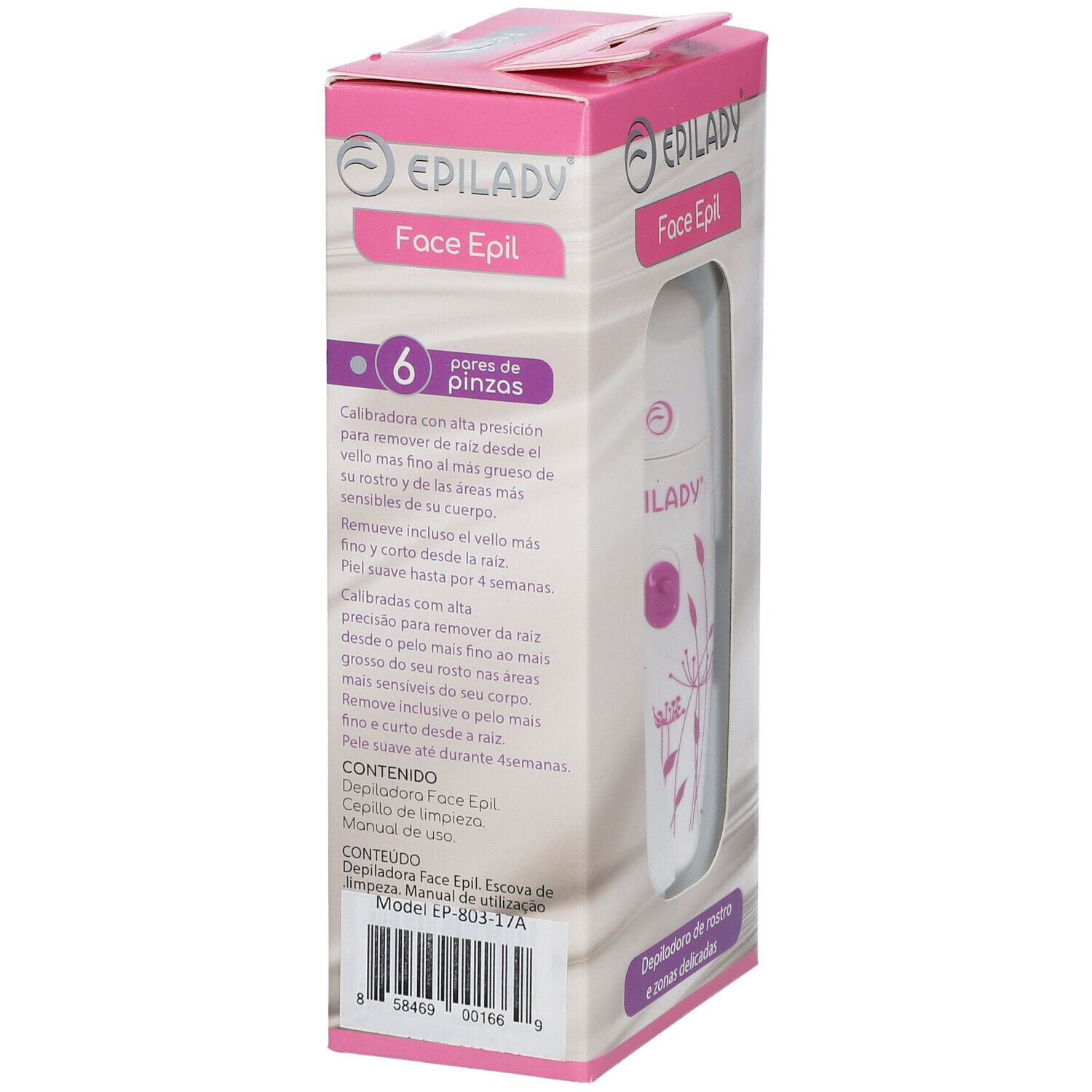 Confezione Epilady Face Epil. Dispositivo e accessori visibili. Testo: 6 pinzette. Informazioni e contenuto del prodotto.