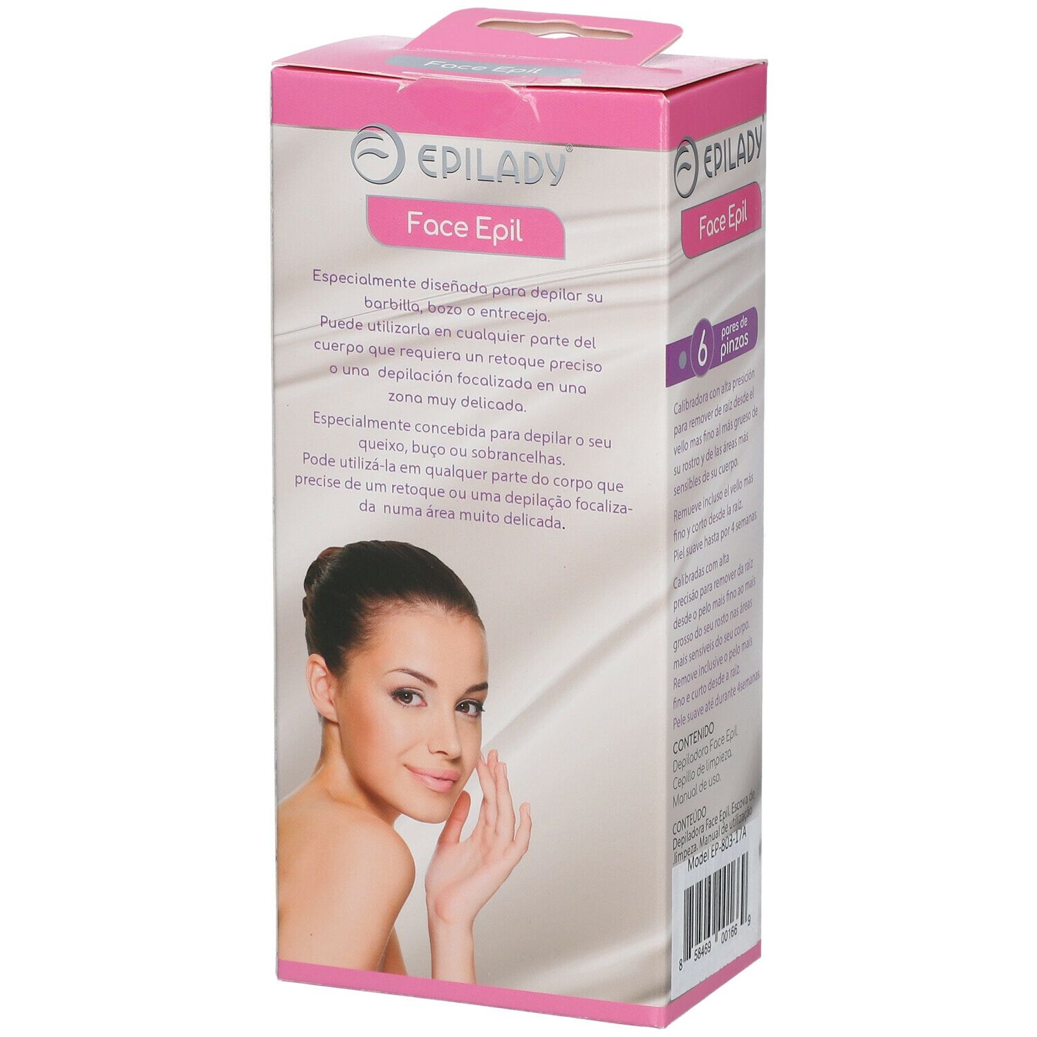 Confezione Epilady Face Epil. Retro con informazioni sul prodotto e donna. Testo: Face Epil, 6 pinzette.
