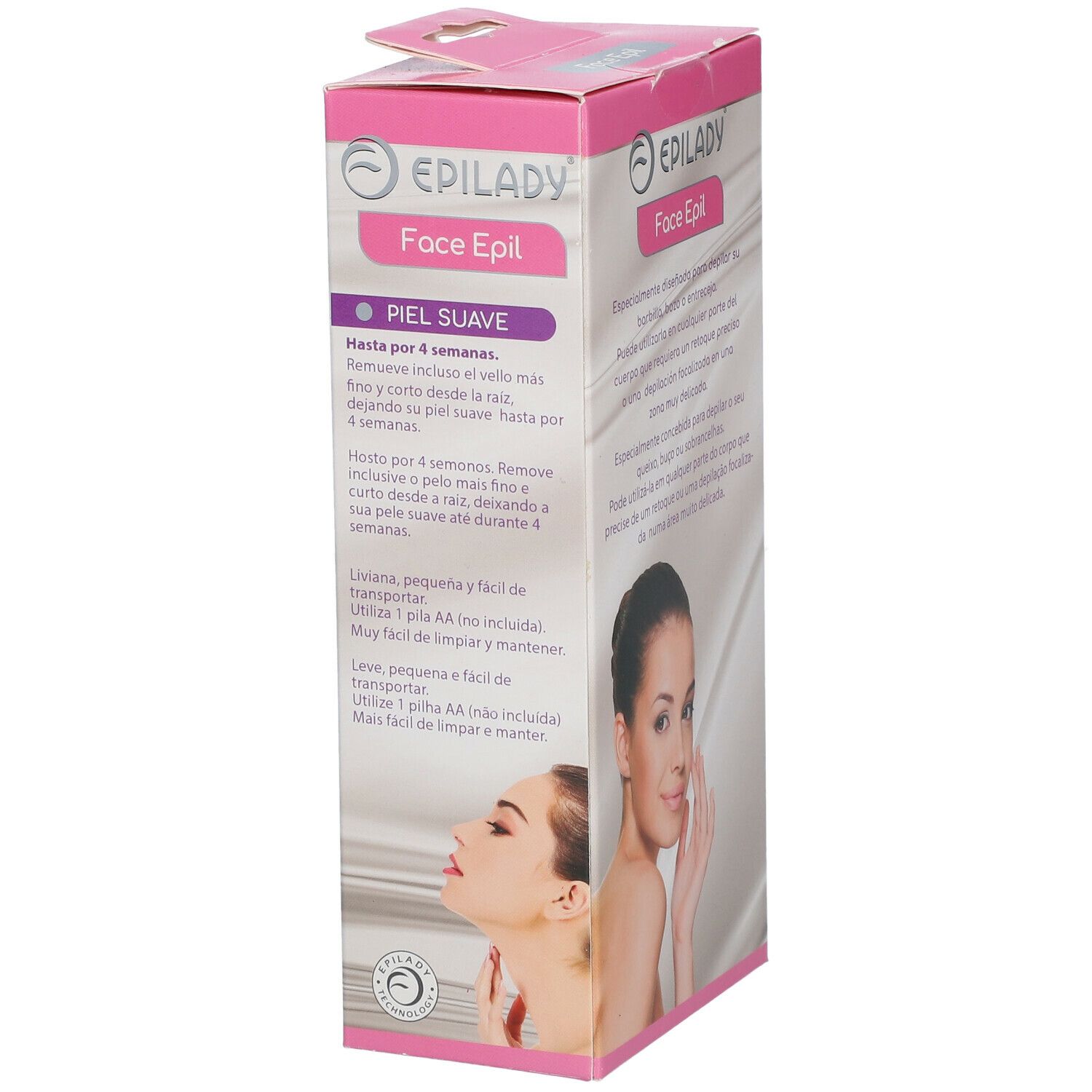 Confezione Epilady Face Epil. Lato con informazioni sul prodotto e donna. Testo: Piel Suave, 4 settimane.