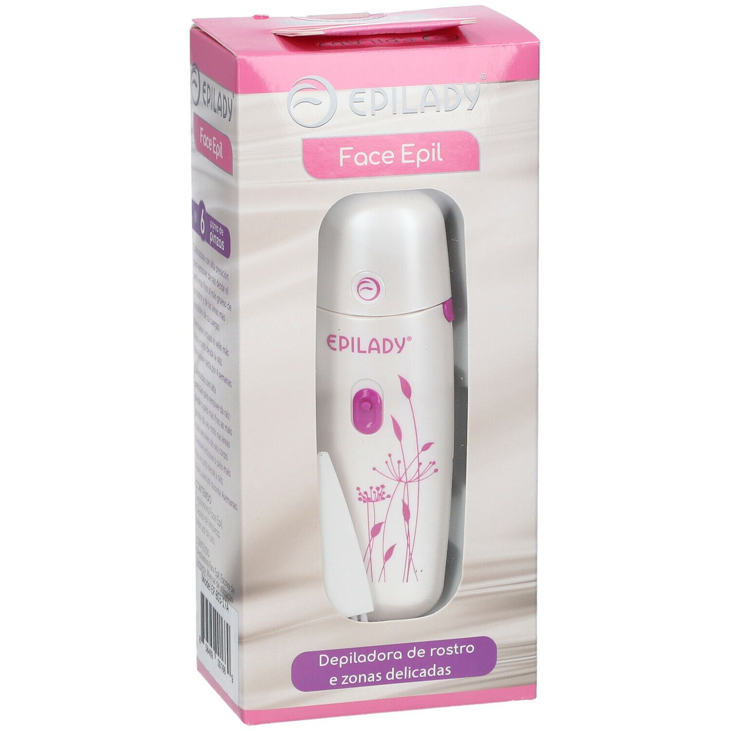 Epilady Face Epil in scatola. Dispositivo bianco con dettagli rosa e accessori. Confezione con immagine del prodotto.