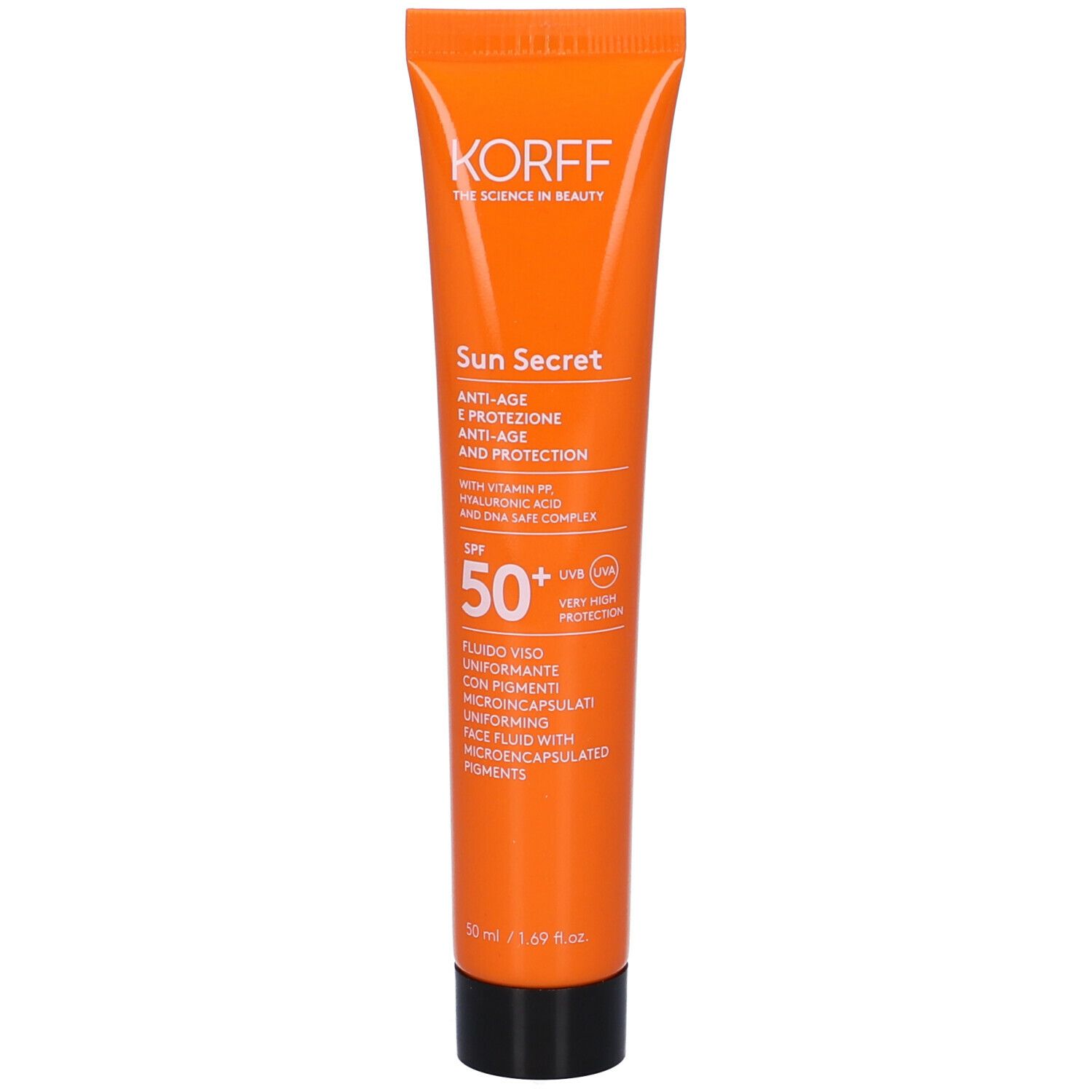 Tubo arancione con tappo nero. Testo: KORFF, Sun Secret, SPF 50+, Fluido Viso Uniformante. 50 ml.