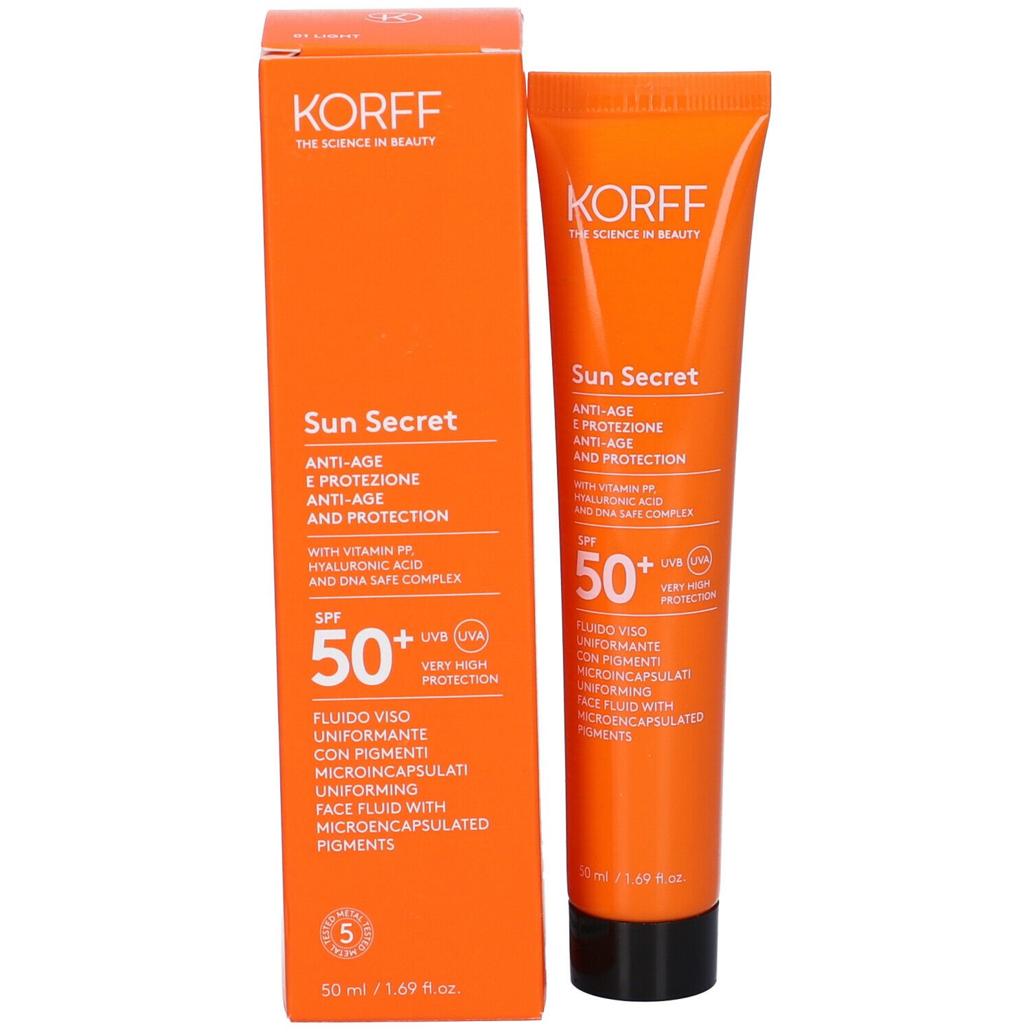 Scatola e tubo arancioni. Testo: KORFF, Sun Secret, SPF 50+, Fluido Viso Uniformante. 50 ml.