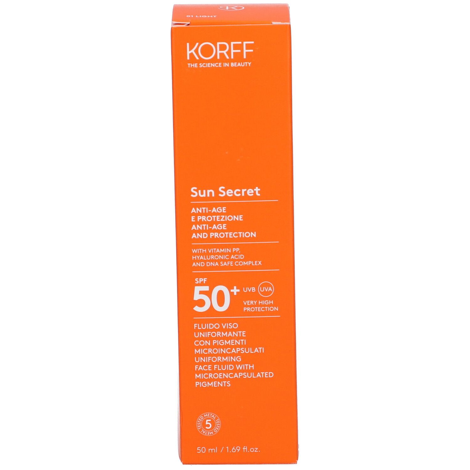 Scatola arancione. Testo: KORFF, Sun Secret, SPF 50+, Fluido Viso Uniformante. 50 ml.