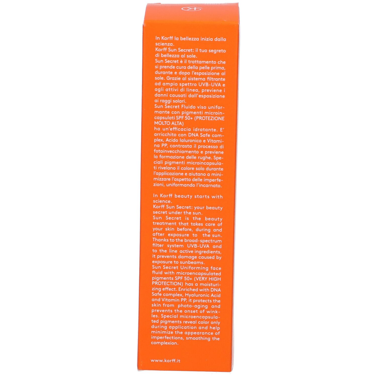 Lato della scatola arancione. Testo: KORFF, Sun Secret, Fluido Viso Uniformante, SPF 50+.