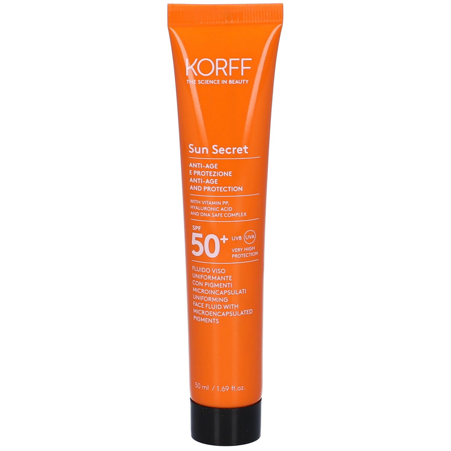 Tubo arancione con tappo nero. Testo: Korff, Sun Secret, SPF 50+, Fluido Viso Uniformante. Contiene pigmenti.