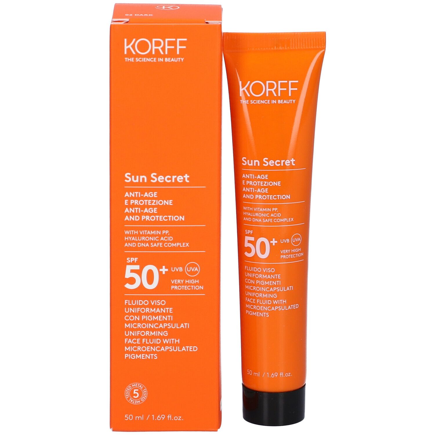 Confezione e tubo. Scatola e tubo arancioni. Testo: Korff, Sun Secret, SPF 50+, Fluido Viso Uniformante.
