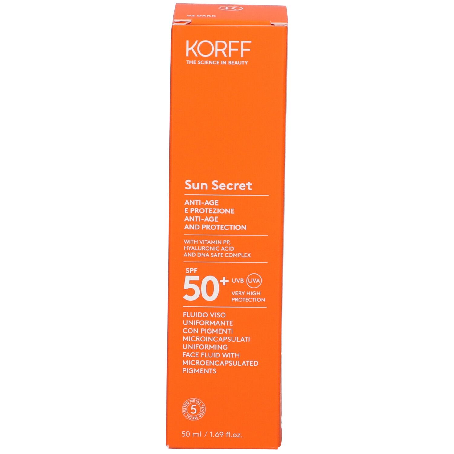 Confezione arancione. Testo: Korff, Sun Secret, SPF 50+, Fluido Viso Uniformante con Pigmenti Microincapsulati.