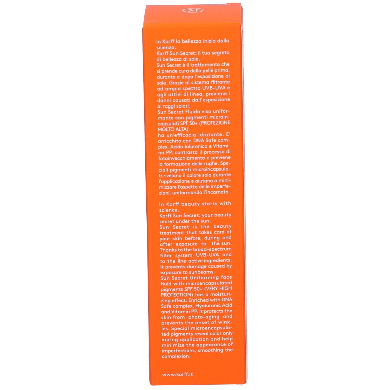 Confezione. Testo: Korff, Sun Secret, protezione UV, anti-età, Fluido Viso Uniformante, DNA Safe Complex.