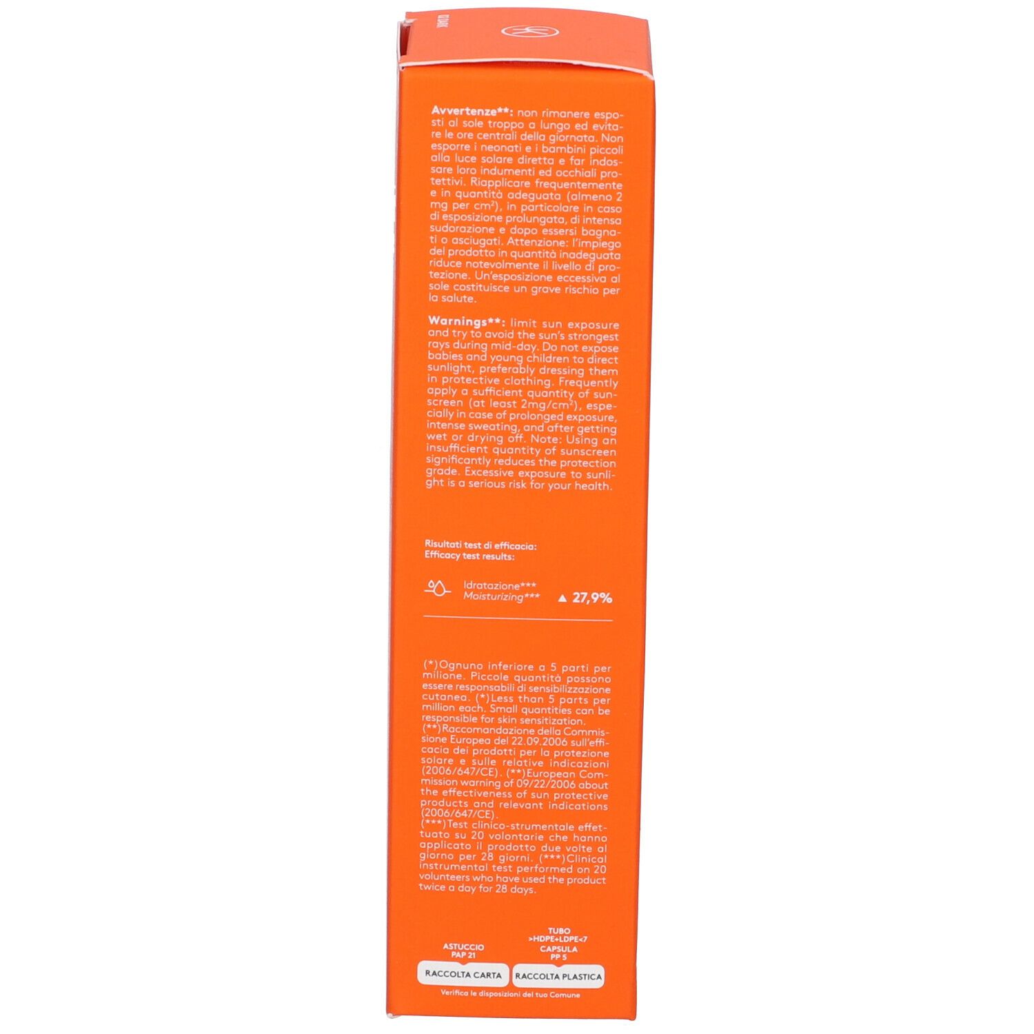 Confezione. Testo: Avvertenze, protezione solare, dermatologicamente testato, Korff, riciclabile.