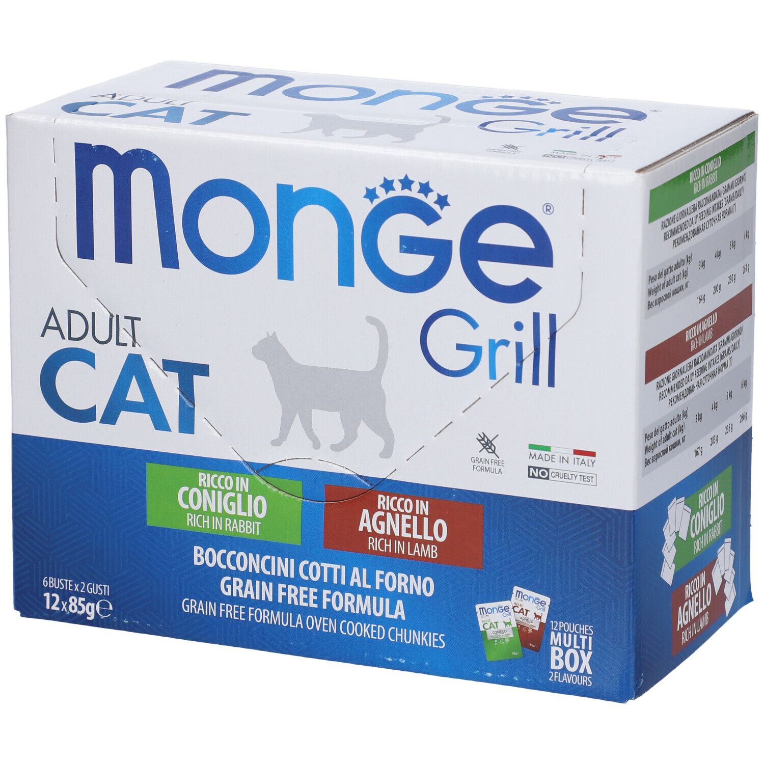 Monge Grill Multibox Adult Cat. Scatola con 12 buste, 2 gusti: coniglio e agnello. Prodotto in Italia.