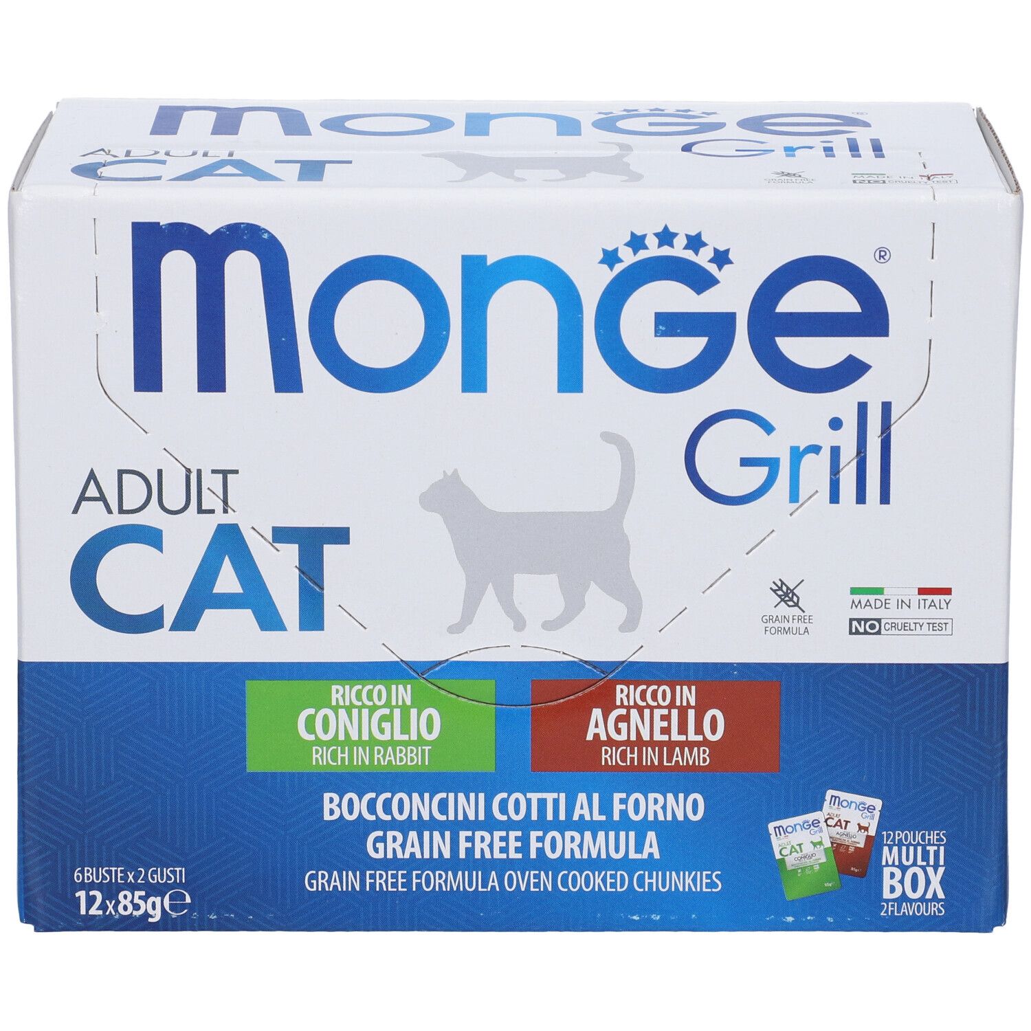 Monge Grill Multibox Adult Cat. Scatola con 12 buste, 2 gusti: coniglio e agnello. Prodotto in Italia.
