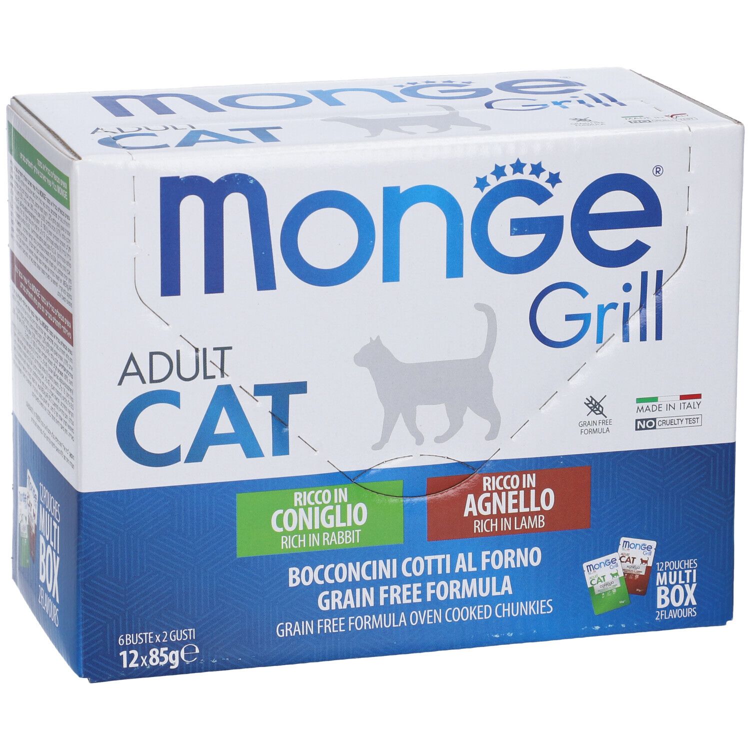 Monge Grill Multibox Adult Cat. Scatola con 12 buste, 2 gusti: coniglio e agnello. Prodotto in Italia.