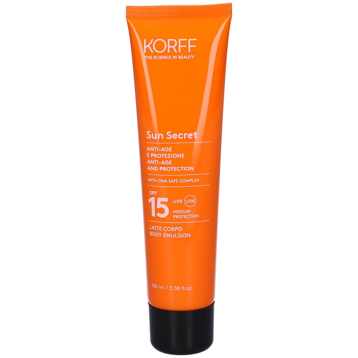 Tubo arancione con tappo nero. Testo: Korff, Sun Secret, SPF 15, Latte Corpo Body Emulsion.
