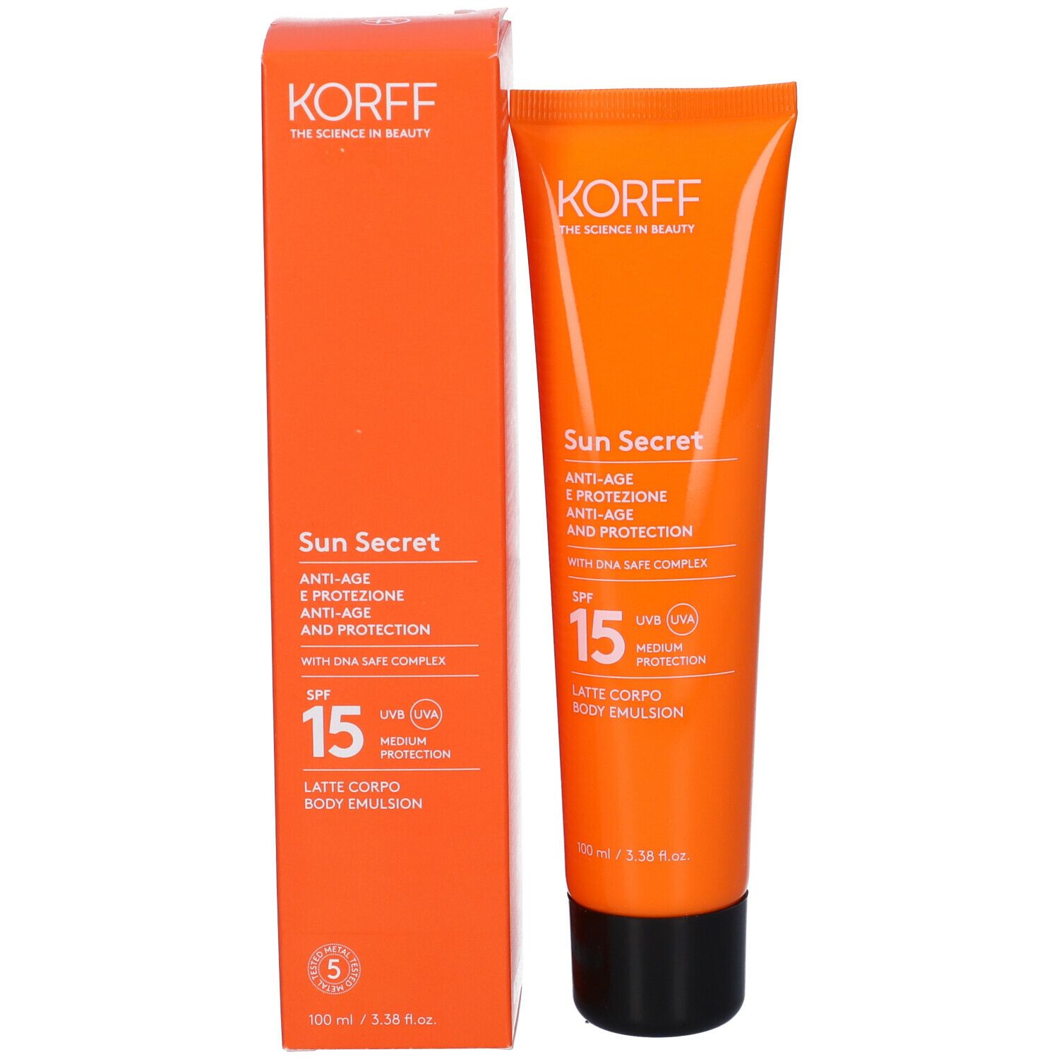 Confezione e tubo arancioni. Testo: Korff, Sun Secret, SPF 15, Latte Corpo Body Emulsion.