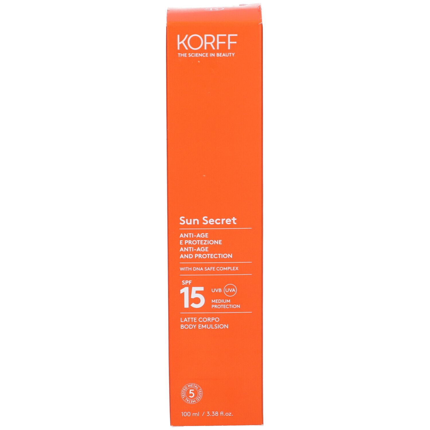 Confezione arancione. Testo: Korff, Sun Secret, SPF 15, Latte Corpo Body Emulsion.
