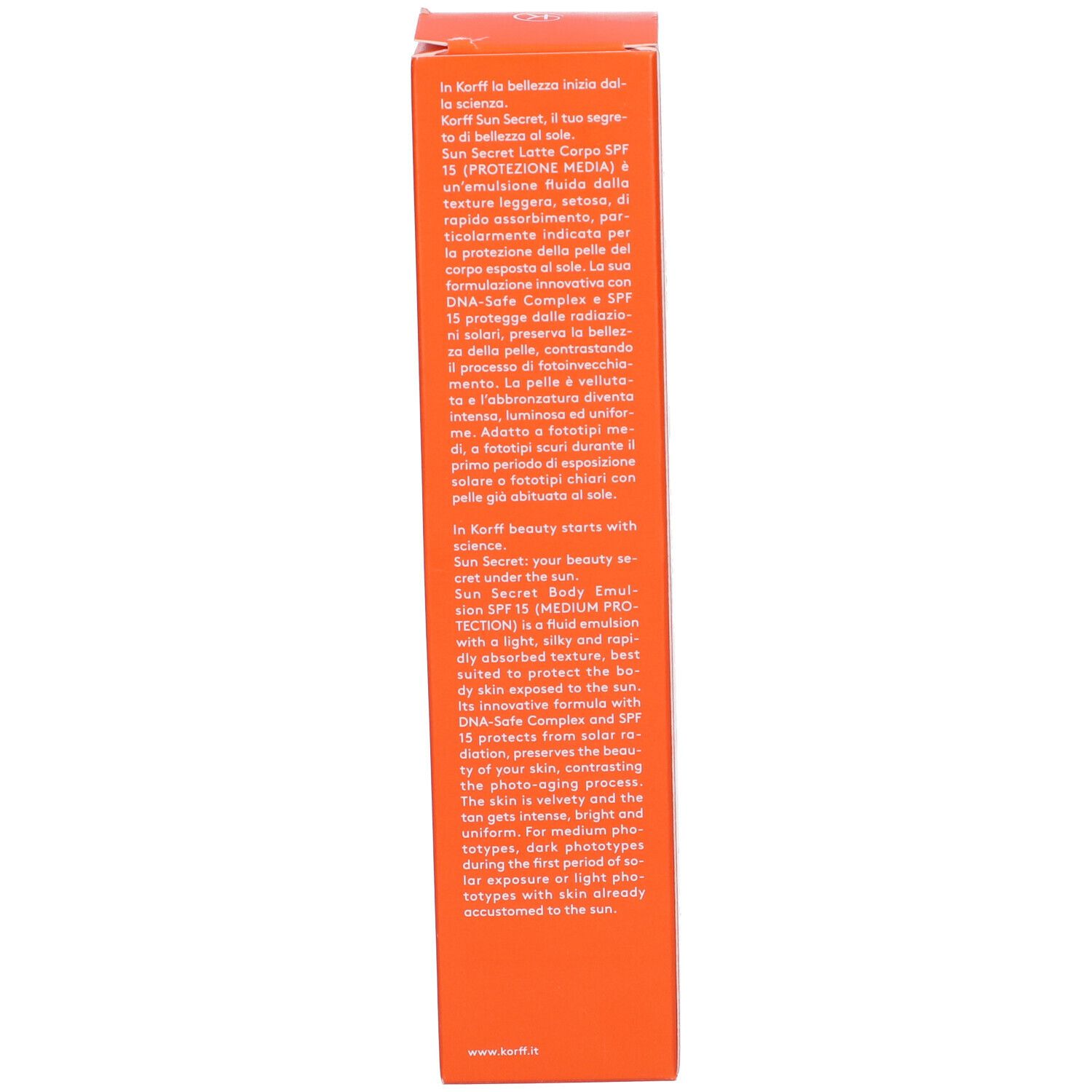 Confezione, descrizione del prodotto. Testo: Korff Sun Secret Latte Corpo SPF 15.