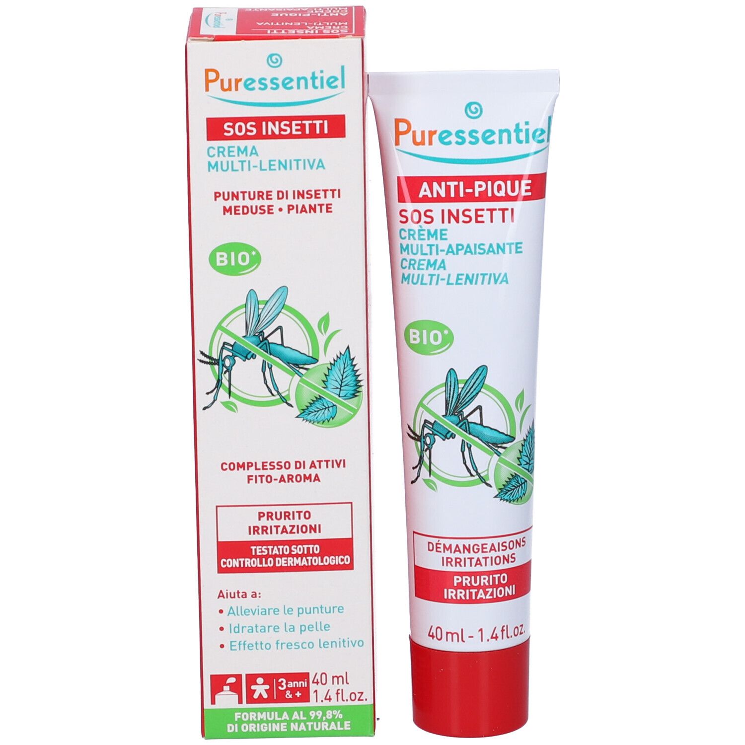 Produktverpackung und Tube. Verpackung: weiß, rot, grün. Tube: weiß, rot. Aufschrift: SOS Insetti, Crème Multi-Lenitiva. Bio-Siegel und Insekten-Illustration.
