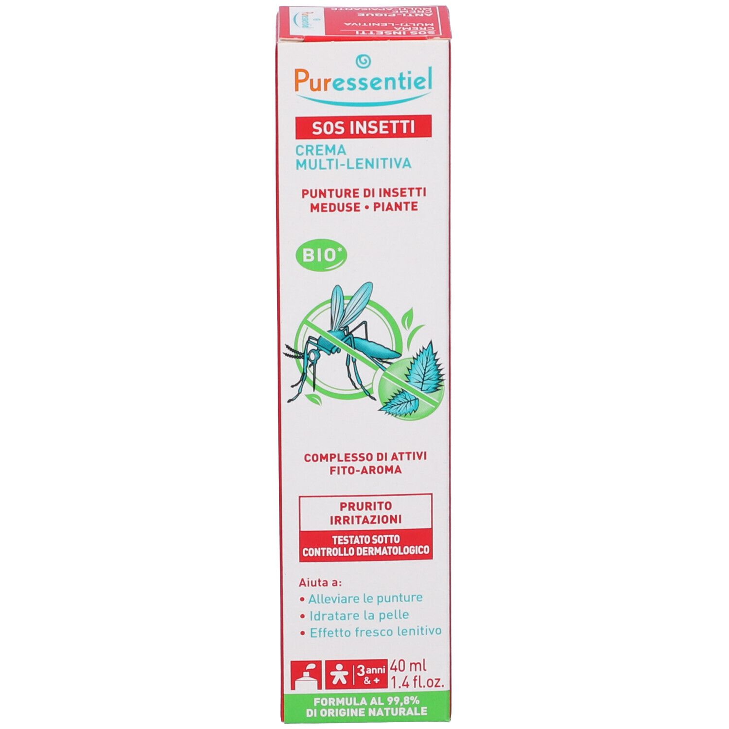 Produktverpackung. Weiß, rot, grün. Aufschrift: SOS Insetti, Crème Multi-Lenitiva. Bio-Siegel und Insekten-Illustration. Enthält Text und Logos.