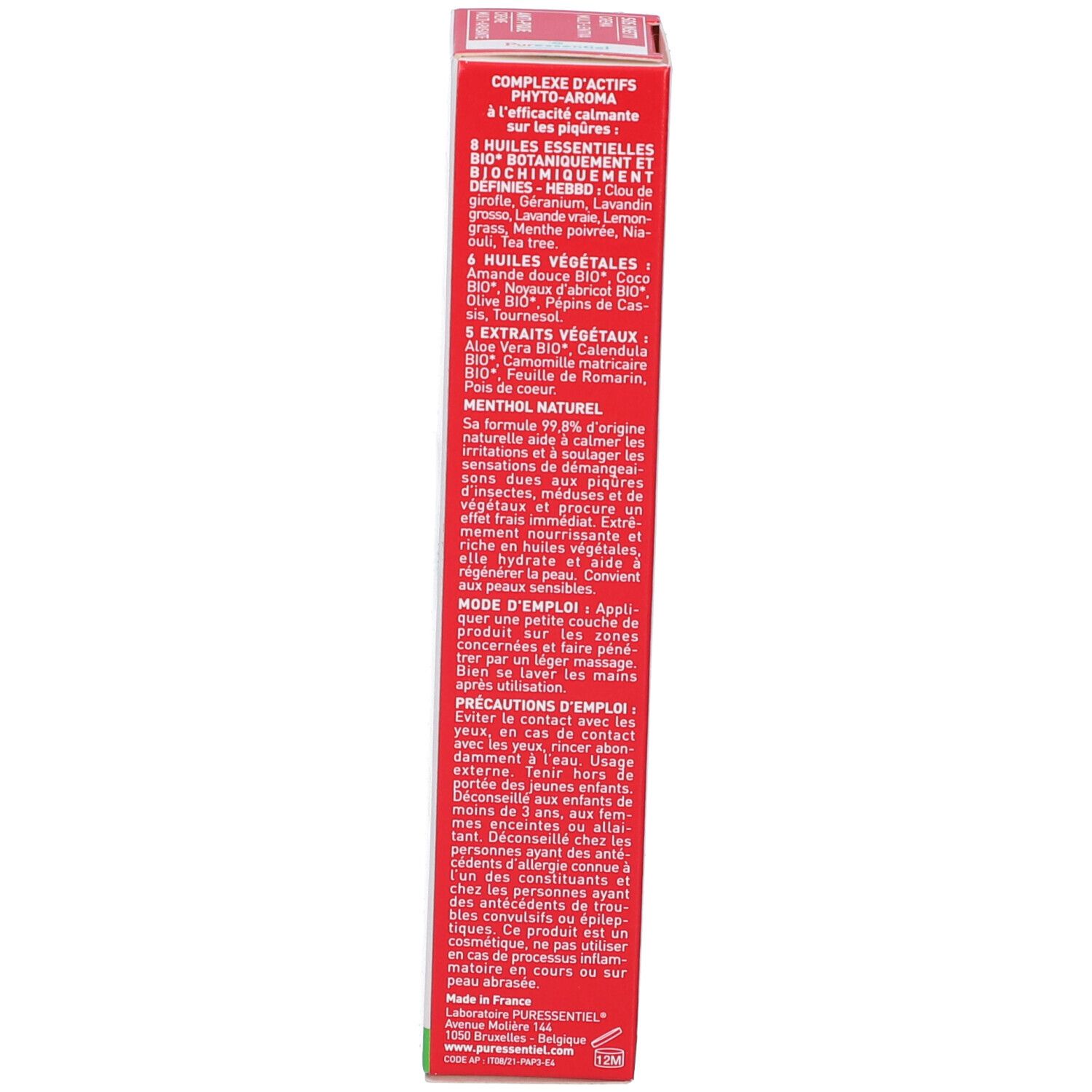 Produktverpackung, rote Seite. Enthält Text über Inhaltsstoffe, Anwendung und Vorsichtsmaßnahmen. Logo und Text in mehreren Sprachen.