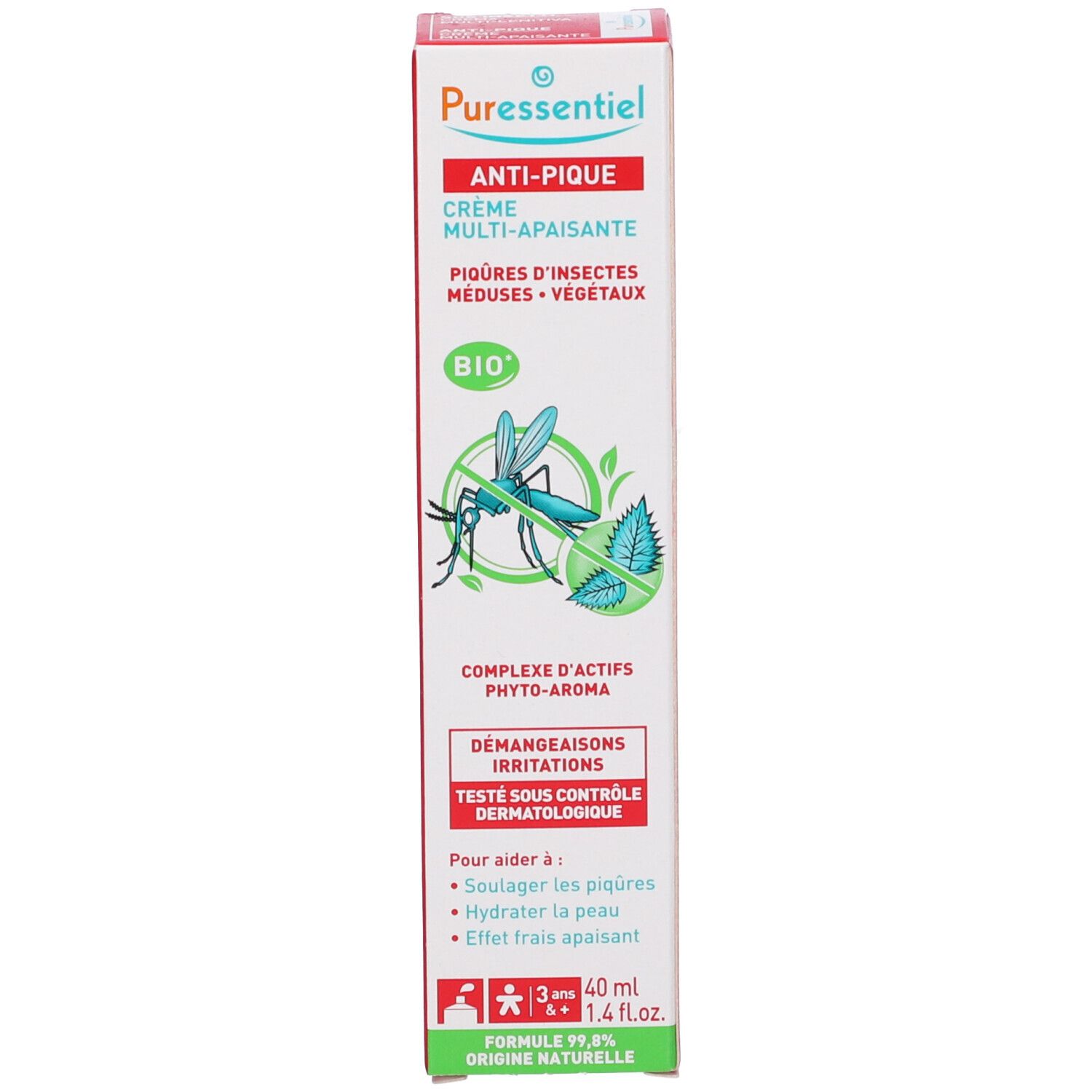 Produktverpackung. Weiß, rot, grün. Aufschrift: Anti-Pique, Crème Multi-Apaisante. Bio-Siegel und Insekten-Illustration. Enthält Text und Logos.