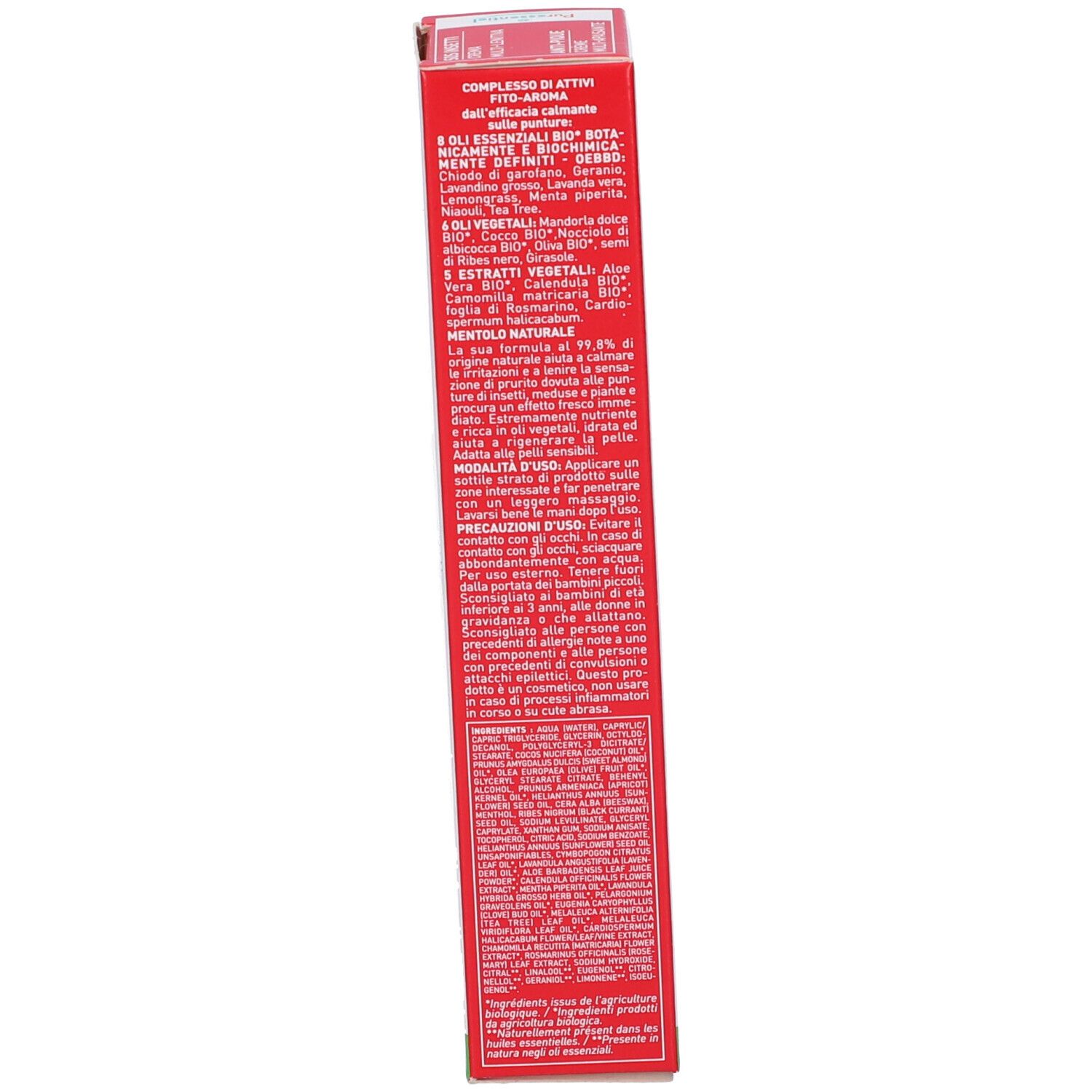 Produktverpackung, rote Seite. Enthält Text über Inhaltsstoffe, Anwendung und Vorsichtsmaßnahmen. Logo und Text in mehreren Sprachen.