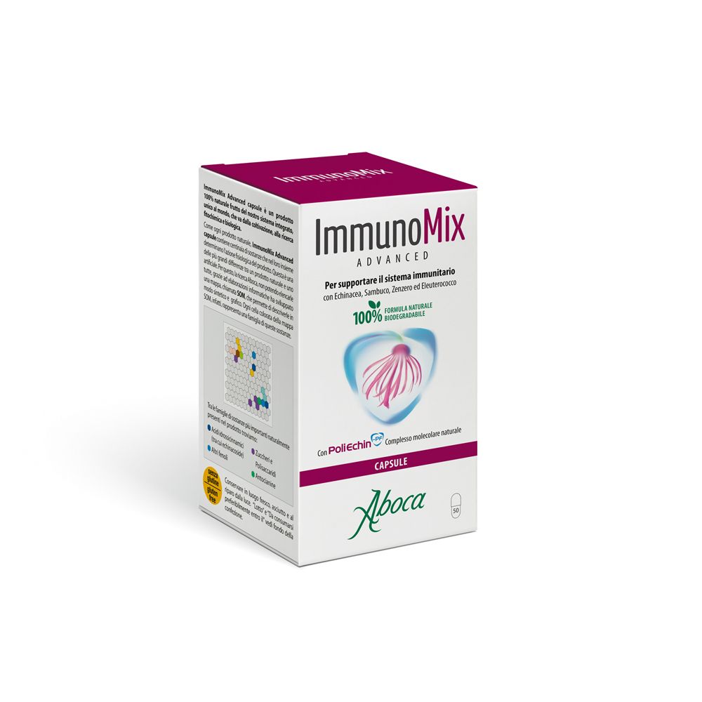 Scatola bianca ImmunoMix Advanced con logo Aboca. Contiene capsule.