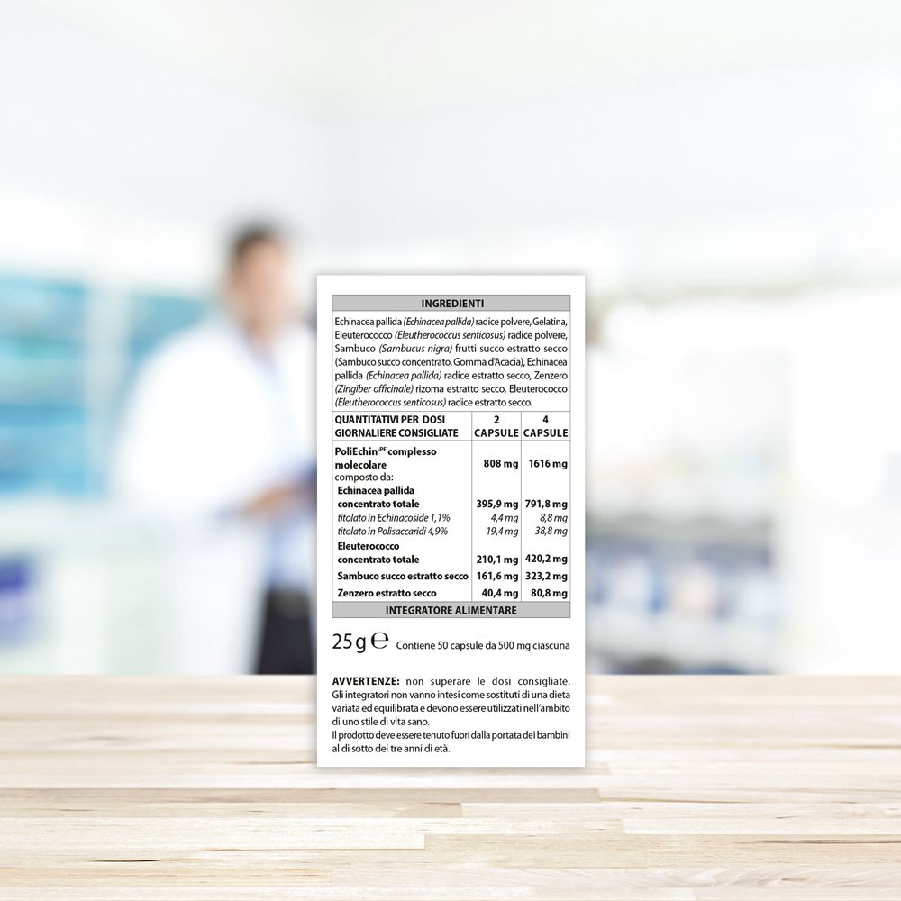 Rückseite der Produktverpackung. Enthält Informationen zu Inhaltsstoffen und Dosierung. Text: Immunomix Advanced, 25g, 50 Kapseln.