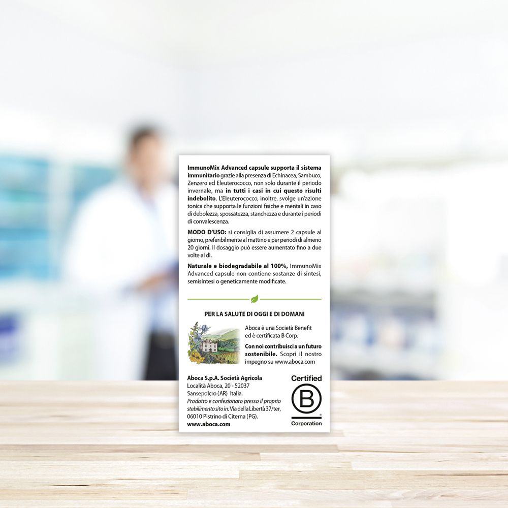 Rückseite der Produktverpackung. Enthält Informationen zur Anwendung und Zertifizierung. Text: Immunomix Advanced, B Corp.