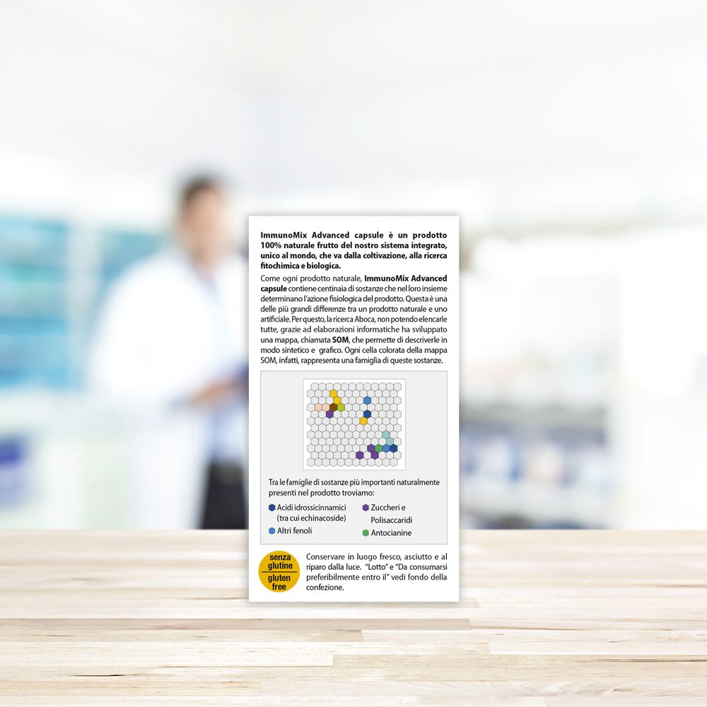 Rückseite der Produktverpackung. Enthält Informationen zur Zusammensetzung. Text: Immunomix Advanced, glutenfrei.