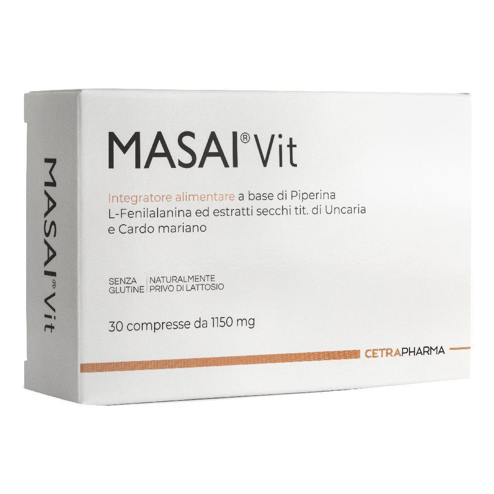 Scatola bianca MASAI Vit, 30 compresse. Ingredienti e logo Cetrapharma visibili. Scritta in italiano.