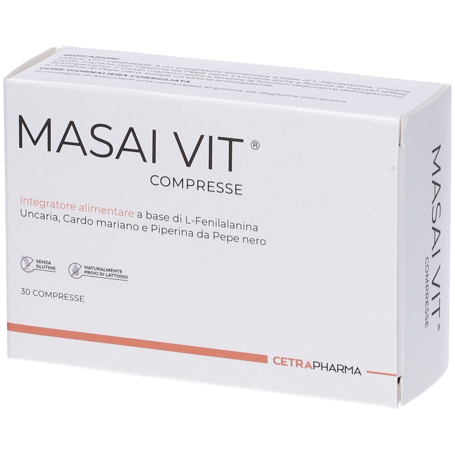 Scatola bianca MASAI Vit COMPRESSE, 30 compresse. Ingredienti e logo Cetrapharma. Testo in italiano.