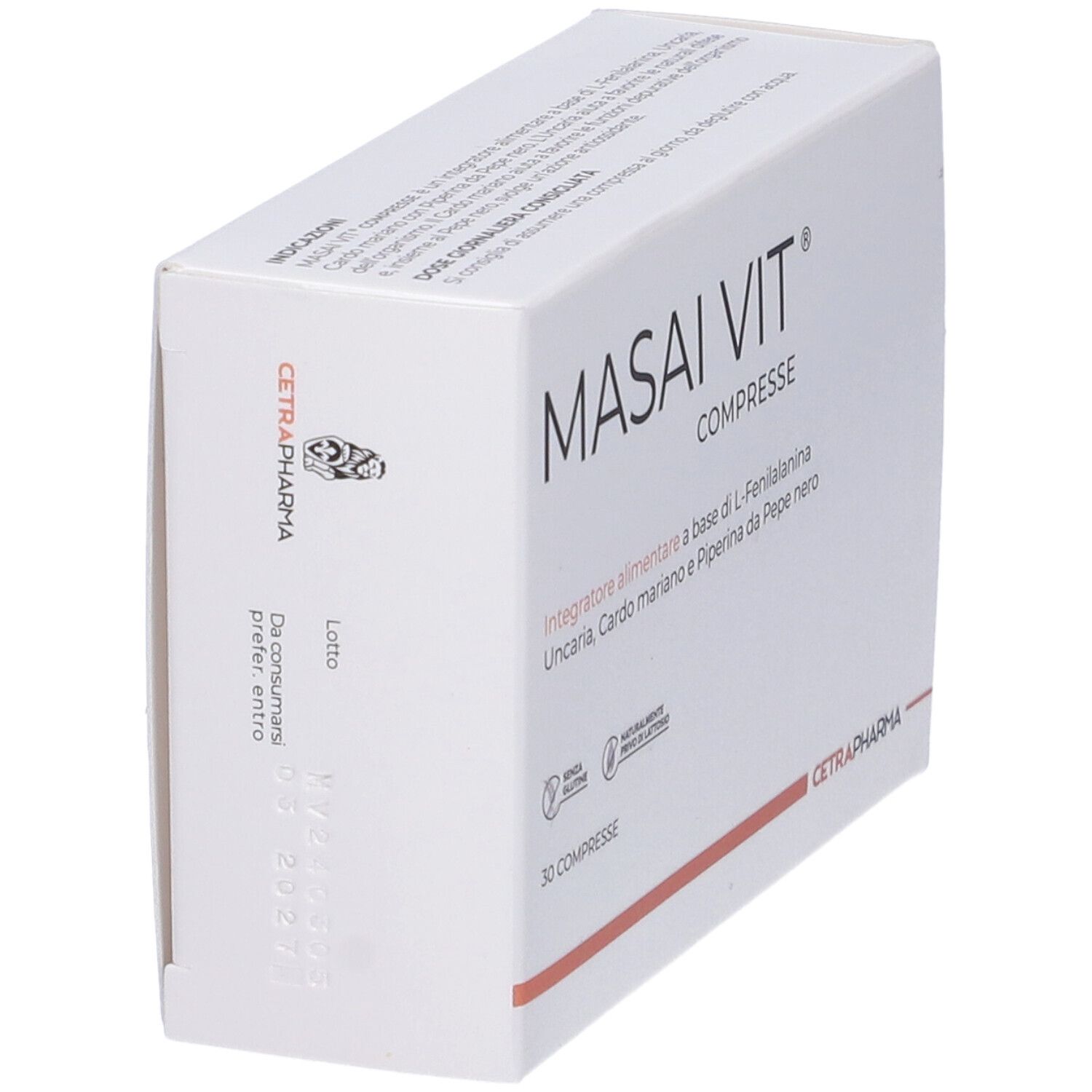 Scatola bianca MASAI Vit COMPRESSE, 30 compresse. Ingredienti e logo Cetrapharma. Testo in italiano.