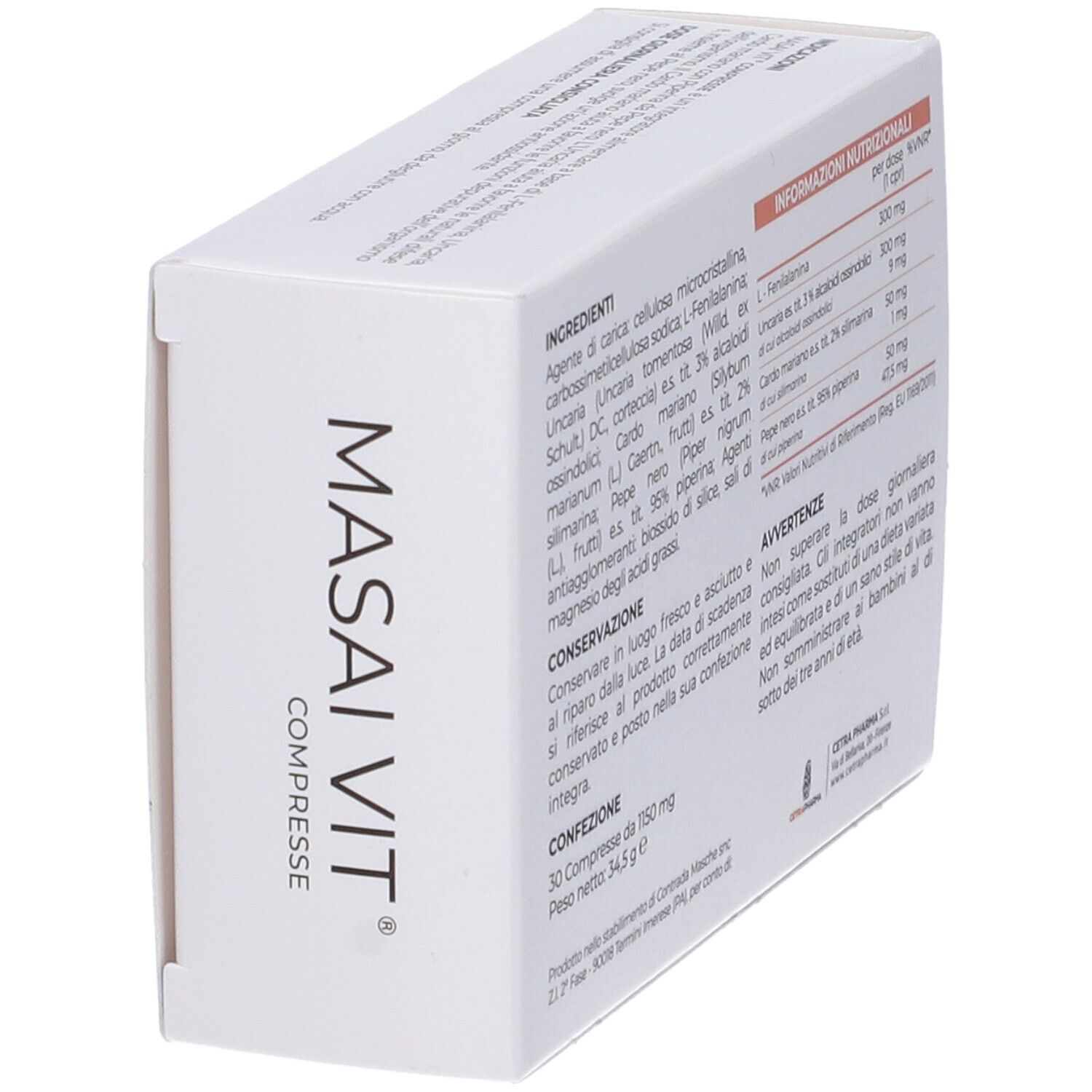 Scatola MASAI Vit COMPRESSE in diagonale. Ingredienti, informazioni nutrizionali e avvertenze. Testo in italiano.