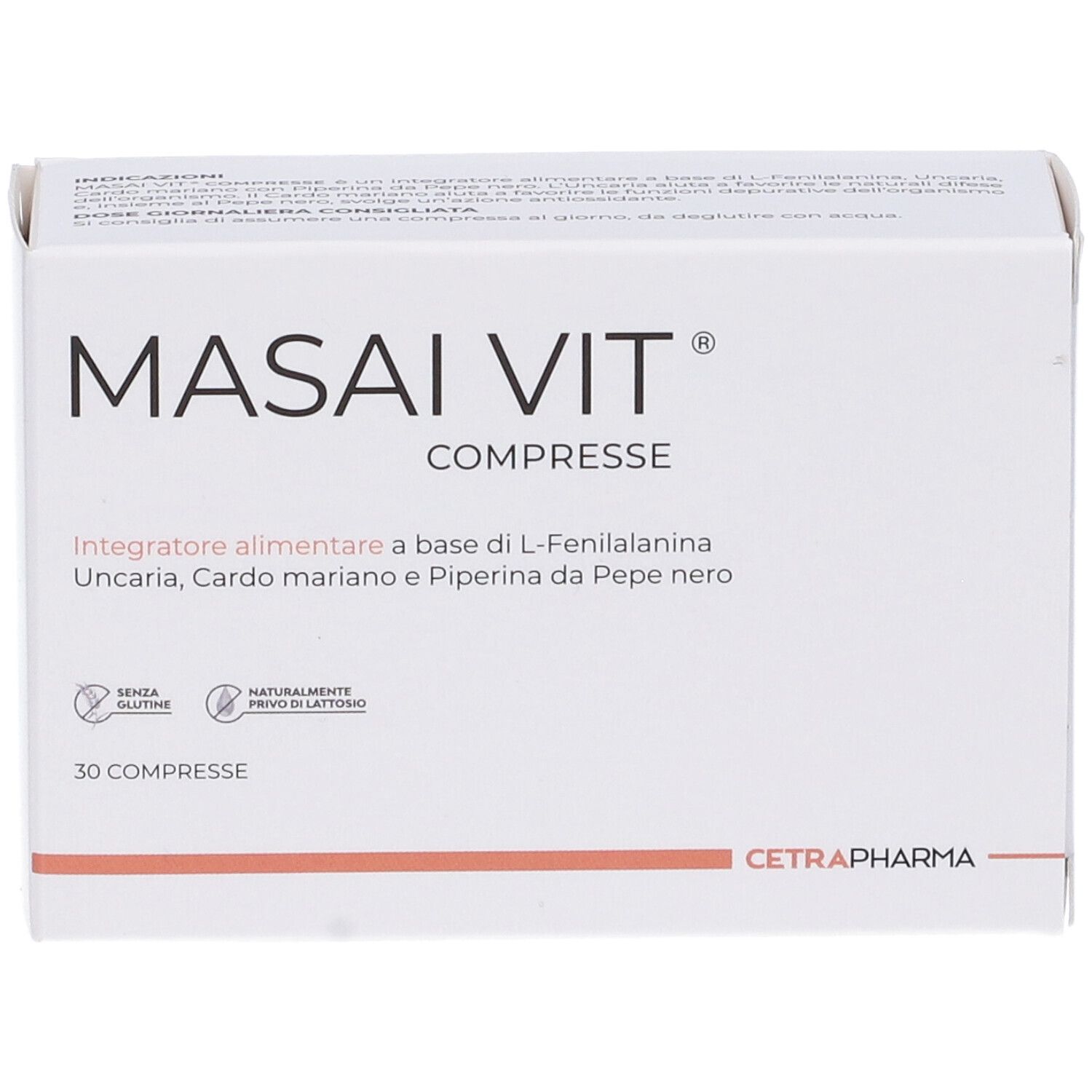Scatola bianca MASAI Vit COMPRESSE, 30 compresse. Ingredienti e logo Cetrapharma. Testo in italiano.