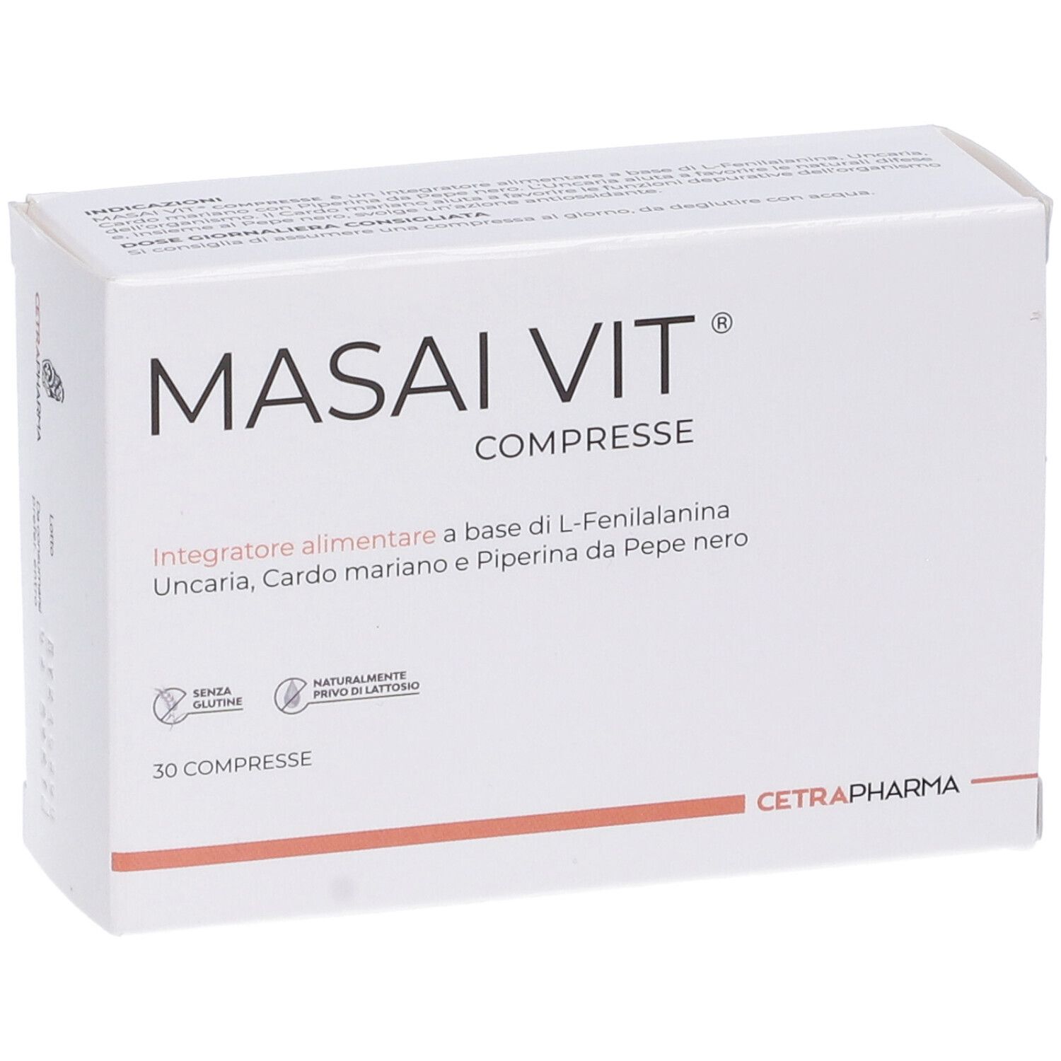 Scatola bianca MASAI Vit COMPRESSE, 30 compresse. Ingredienti e logo Cetrapharma. Testo in italiano.