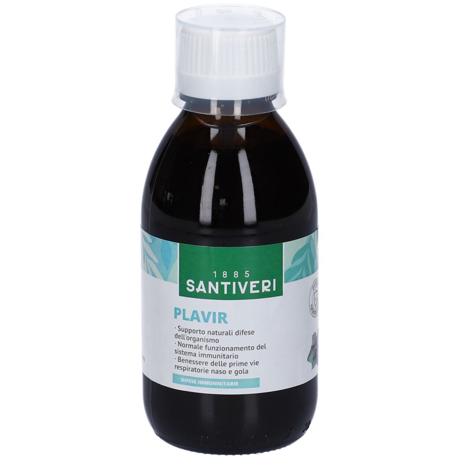 Bottiglia di vetro marrone con tappo bianco. Etichetta con nome e testo del prodotto. Marca: Santiveri. Liquido all'interno.