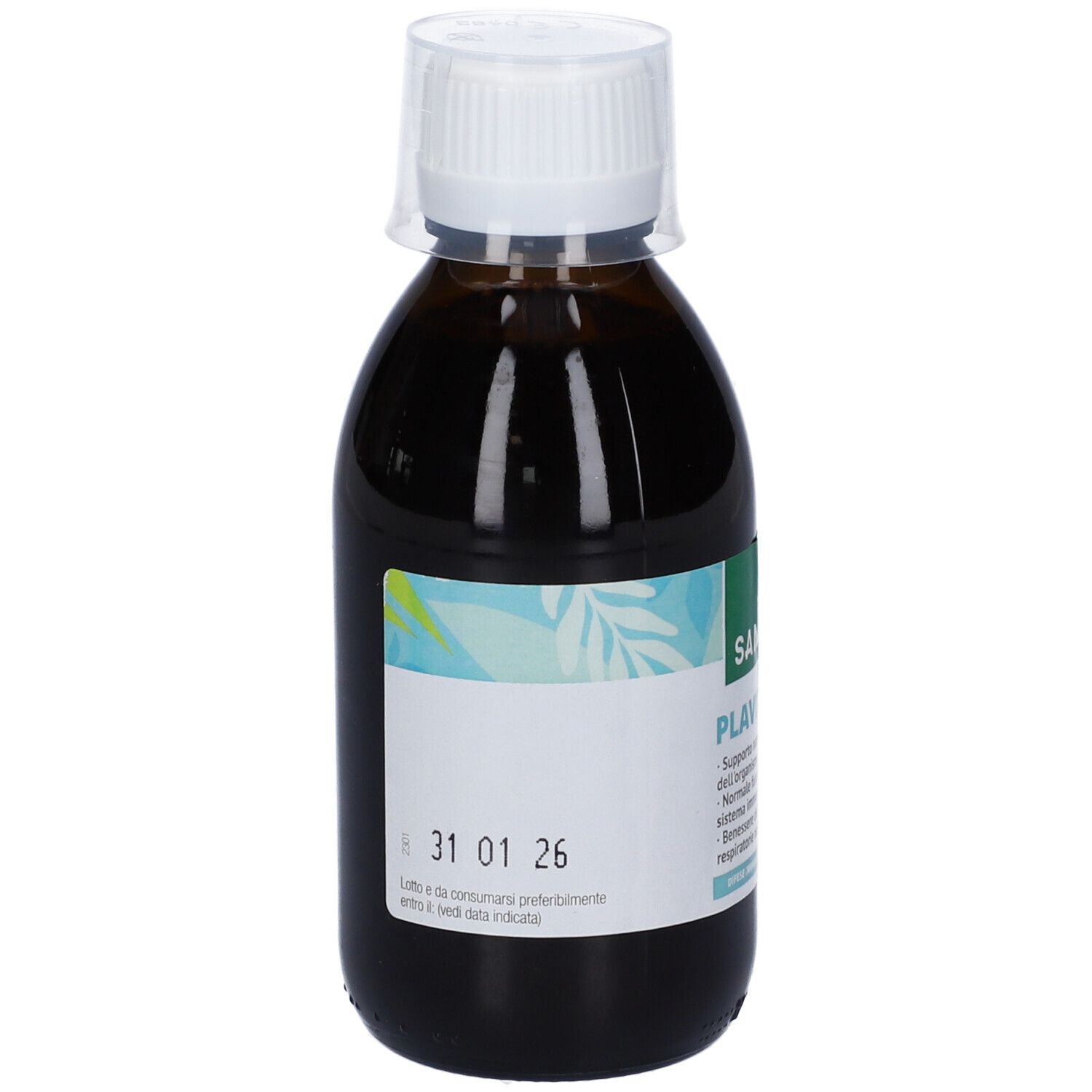 Bottiglia di vetro marrone con tappo bianco. Etichetta con nome e testo del prodotto. Marca: Santiveri. Scadenza: 31 01 26.