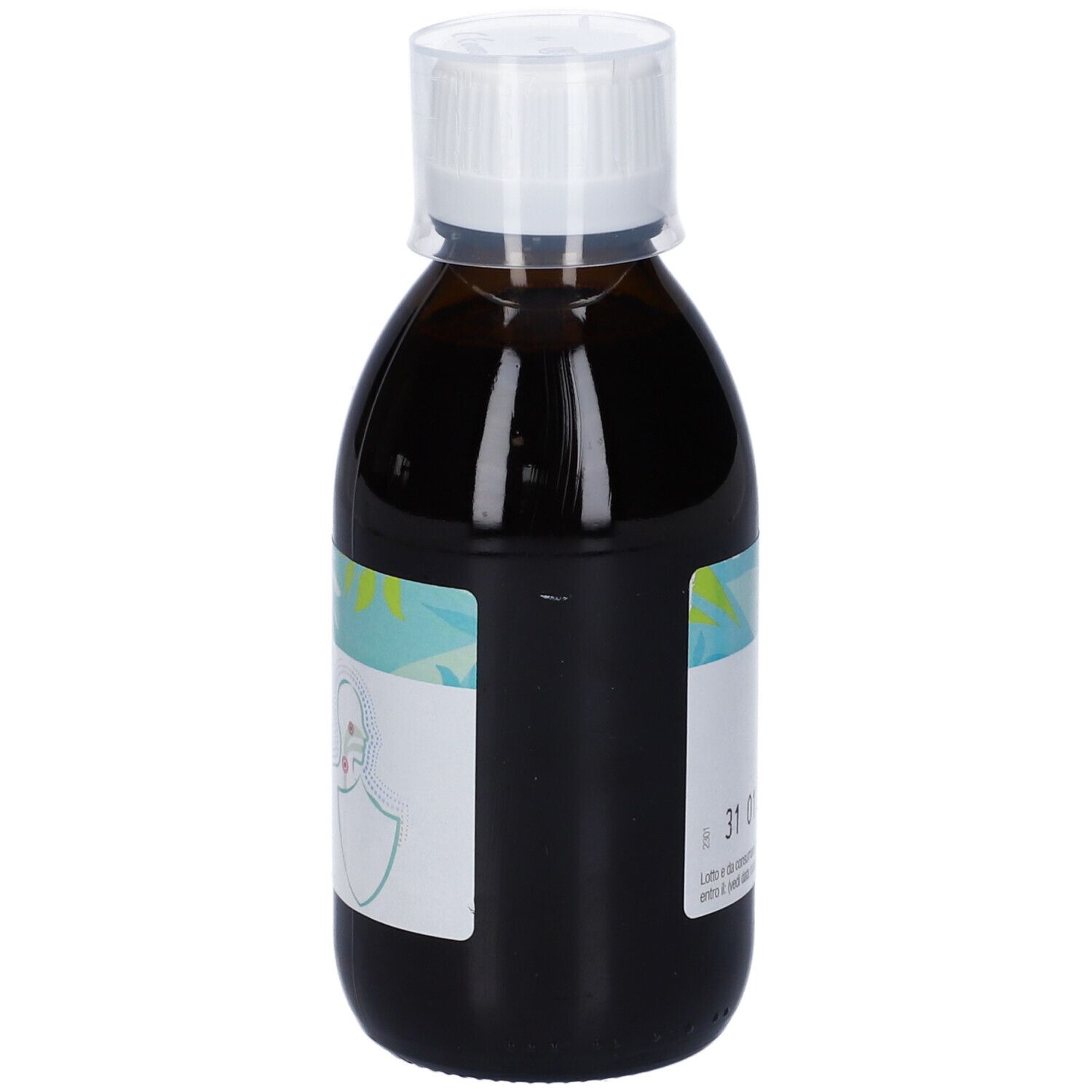 Bottiglia di vetro marrone con tappo bianco. Etichetta con nome e testo del prodotto. Marca: Santiveri. Liquido all'interno. Simbolo illustrato.