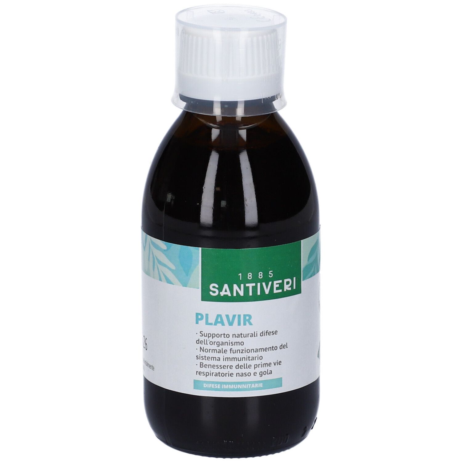 Bottiglia di vetro marrone con tappo bianco. Etichetta con nome e testo del prodotto. Marca: Santiveri. Liquido all'interno.