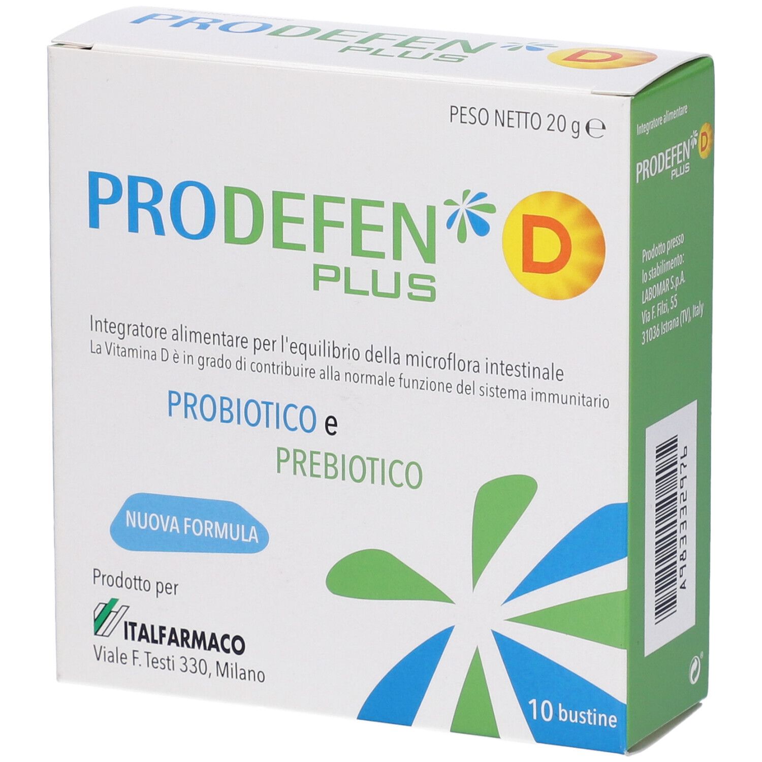 PRODEFEN D PLUS-Verpackung. Weiße Schachtel mit Produktnamen, Logo und Inhaltsangaben. 10 Beutel.