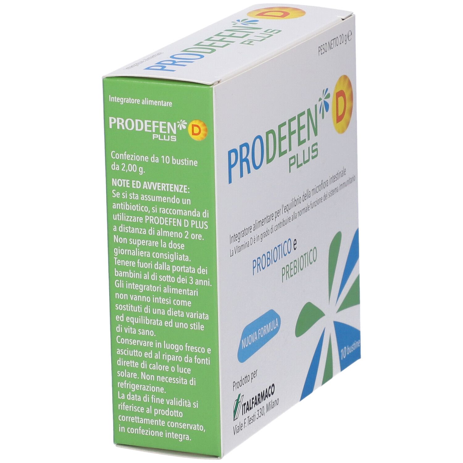 PRODEFEN D PLUS-Verpackung. Weiße Schachtel mit Produktnamen und Inhaltsangaben. 10 Beutel. Ansicht schräg.