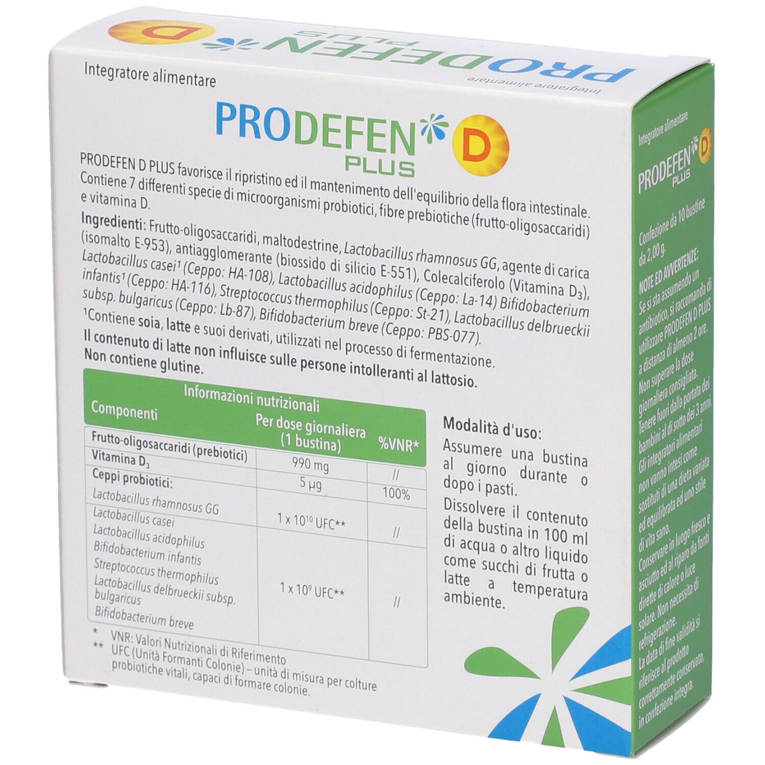 PRODEFEN D PLUS-Verpackung. Weiße Schachtel mit Produktnamen und Inhaltsangaben. Detailansicht der Inhaltsstoffe.